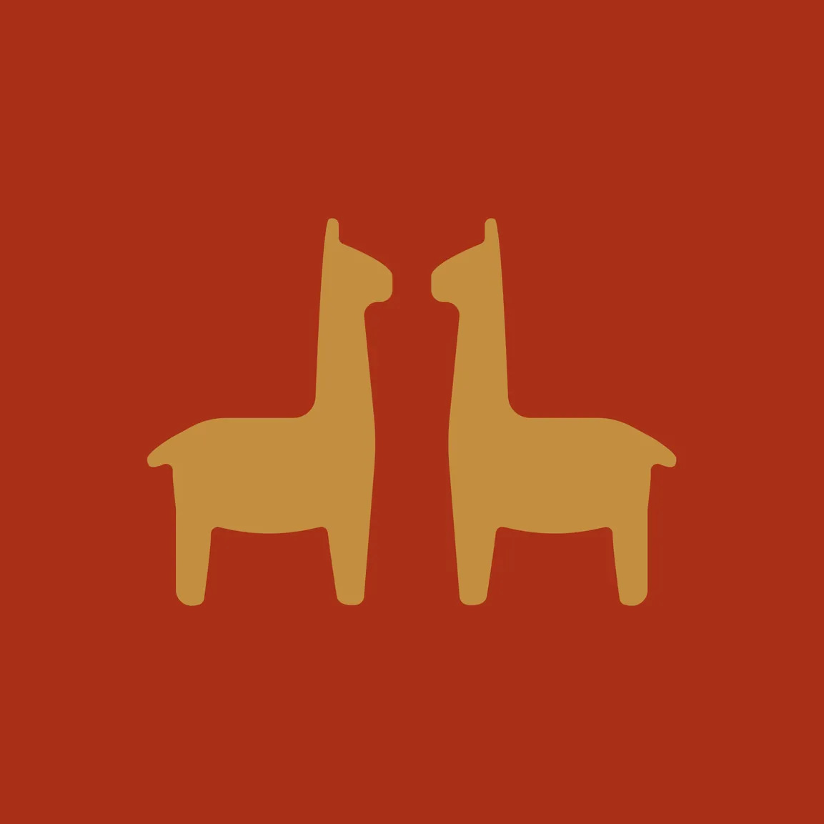 Deux lamas ocre, face à face, sur fond rouge : la mascotte d’Andenos.