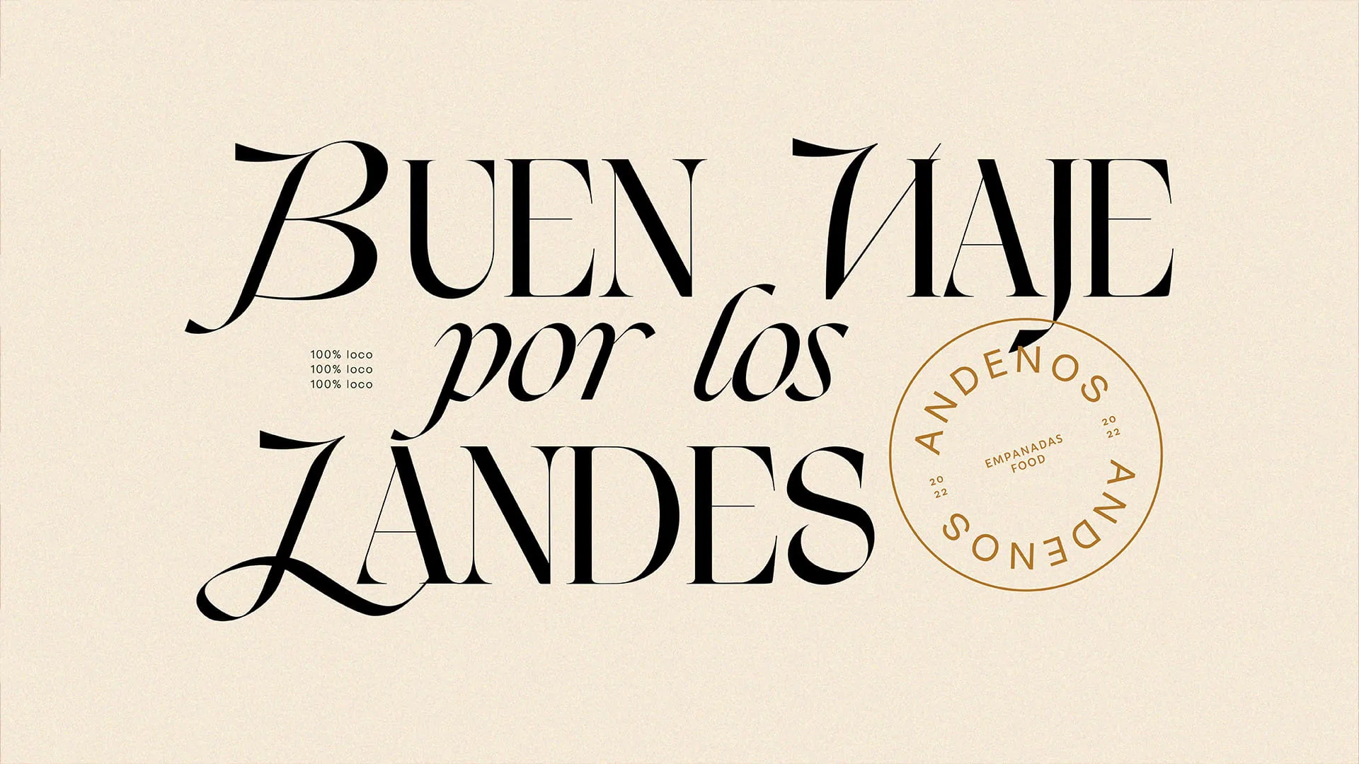 Planche typographique : « Buen viaje por los Andes » en grandes lettres élégantes, avec un tampon rond « Andenos » sur fond crème.