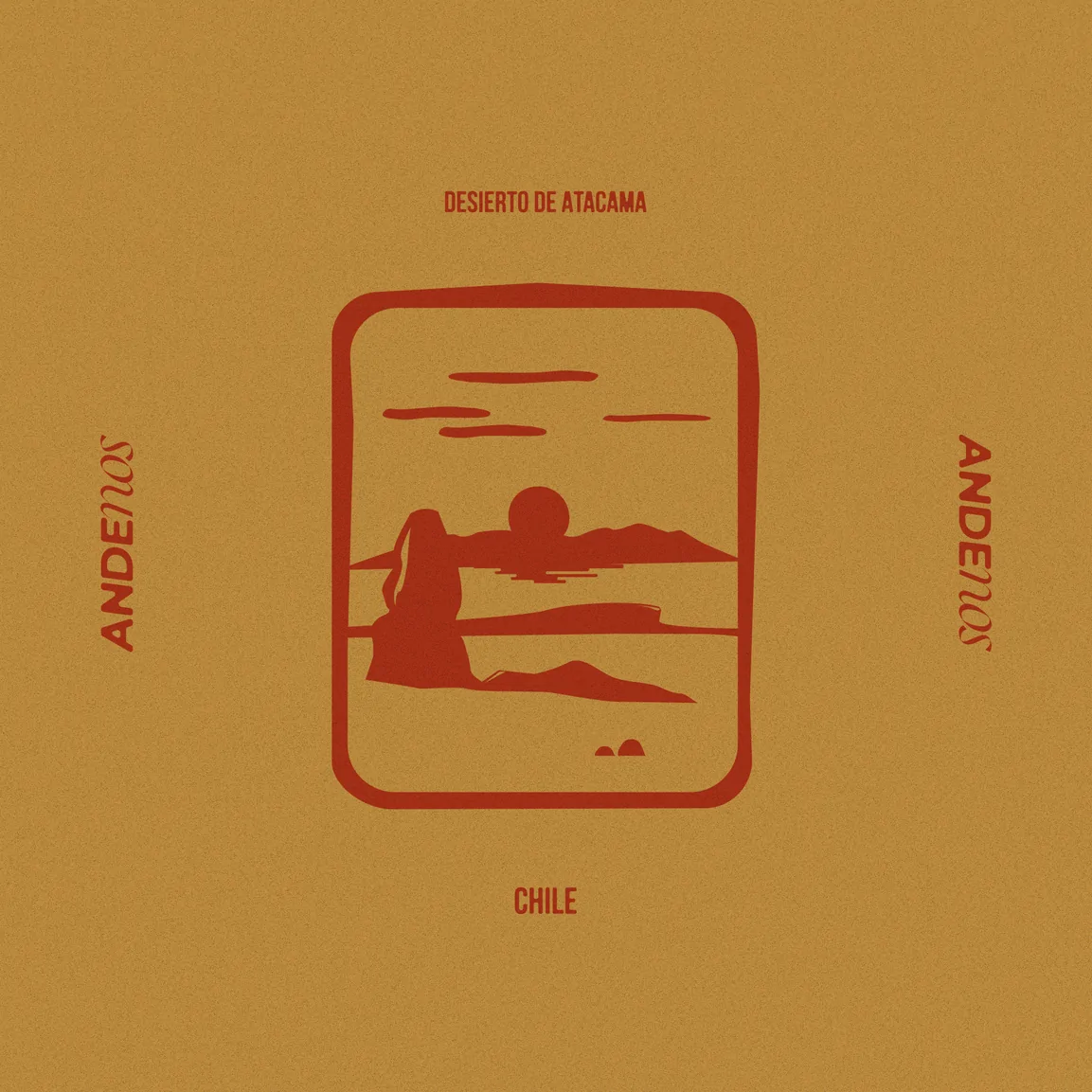 Illustration du désert d’Atacama, au Chili, dans un cadre aux angles arrondis : un soleil au-dessus de reliefs, en rouge sur fond ocre.