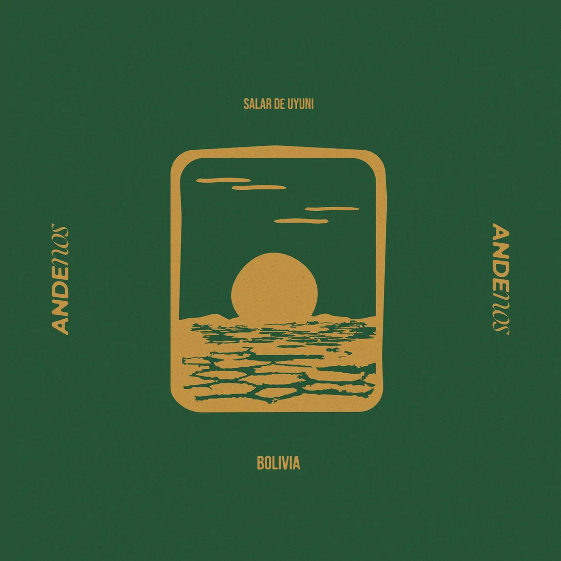 Illustration du salar d’Uyuni, en Bolivie, dans un cadre aux angles arrondis : un soleil se couche sur le sel craquelé, en ocre sur fond vert.