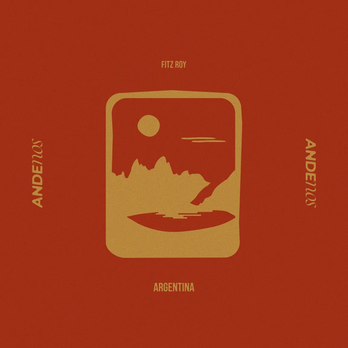 Illustration du Fitz Roy, en Argentine, dans un cadre aux angles arrondis : des sommets, un soleil et un lac, en ocre sur fond rouge.