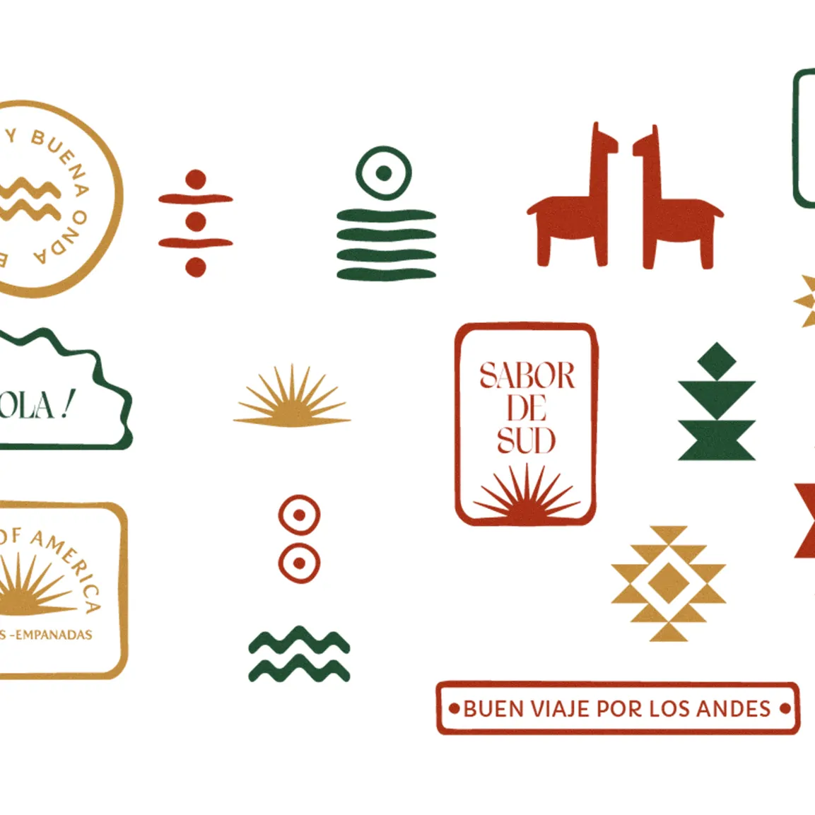 Une planche d’icônes et de tampons du kit de logos : deux lamas, soleil, vagues, motif aztèque, tampon « Sabor de sud » et bandeau « Buen viaje por los Andes ».