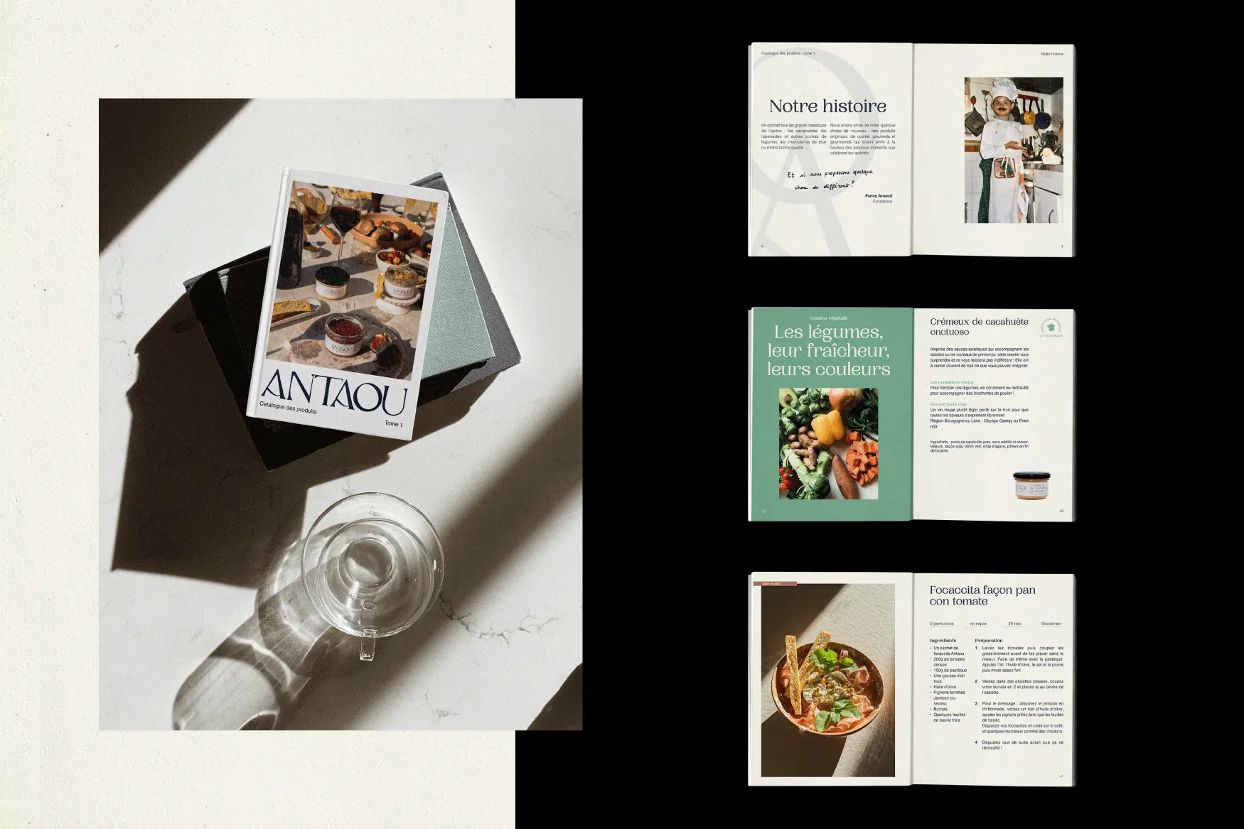Le catalogue produit ouvert : une page de photos de table et un livret de pages vertes et crème.