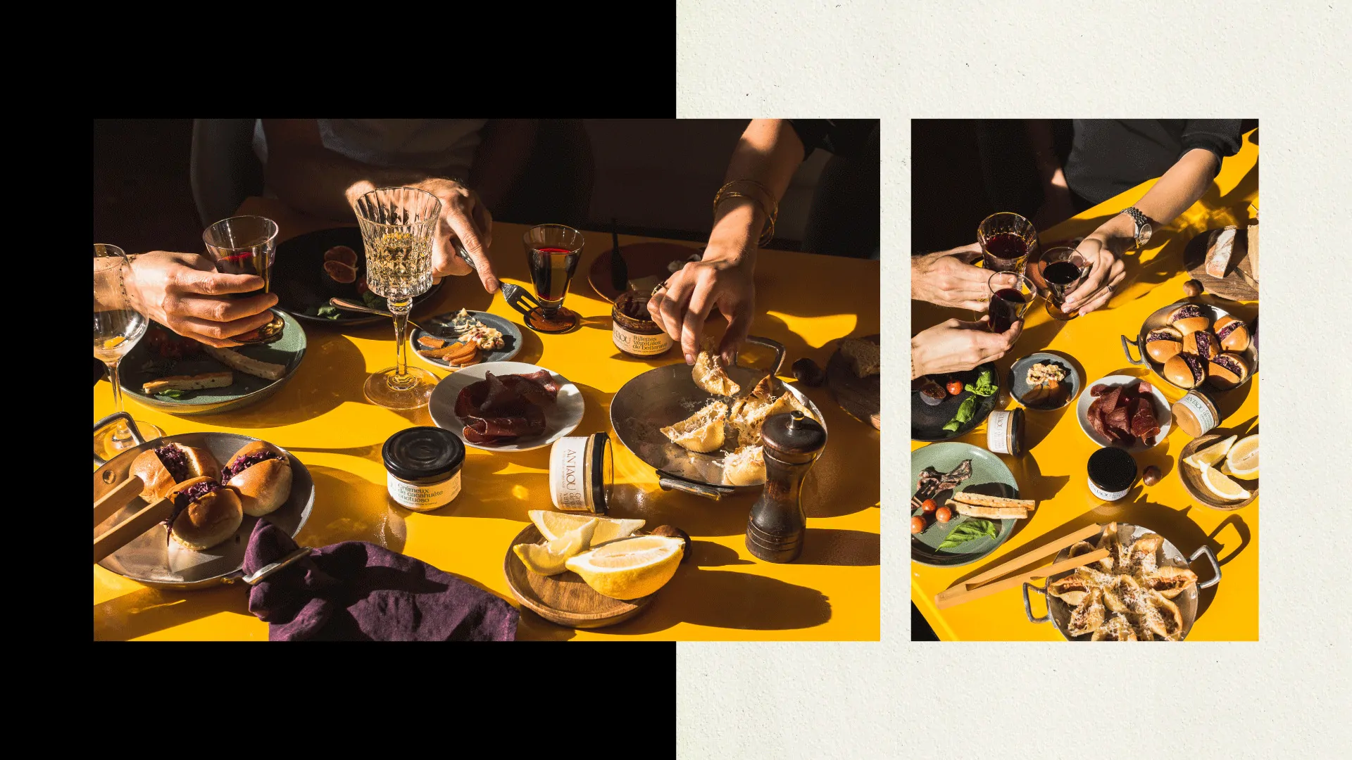 Des mains autour d’une table jaune : verres de vin, assiettes, pots Antaou et tapas.