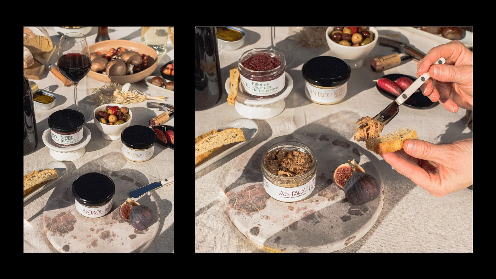 Deux photos de la table d’apéritif : un pot ouvert entouré de figues, d’olives et de verres, puis une main qui prend un biscuit.