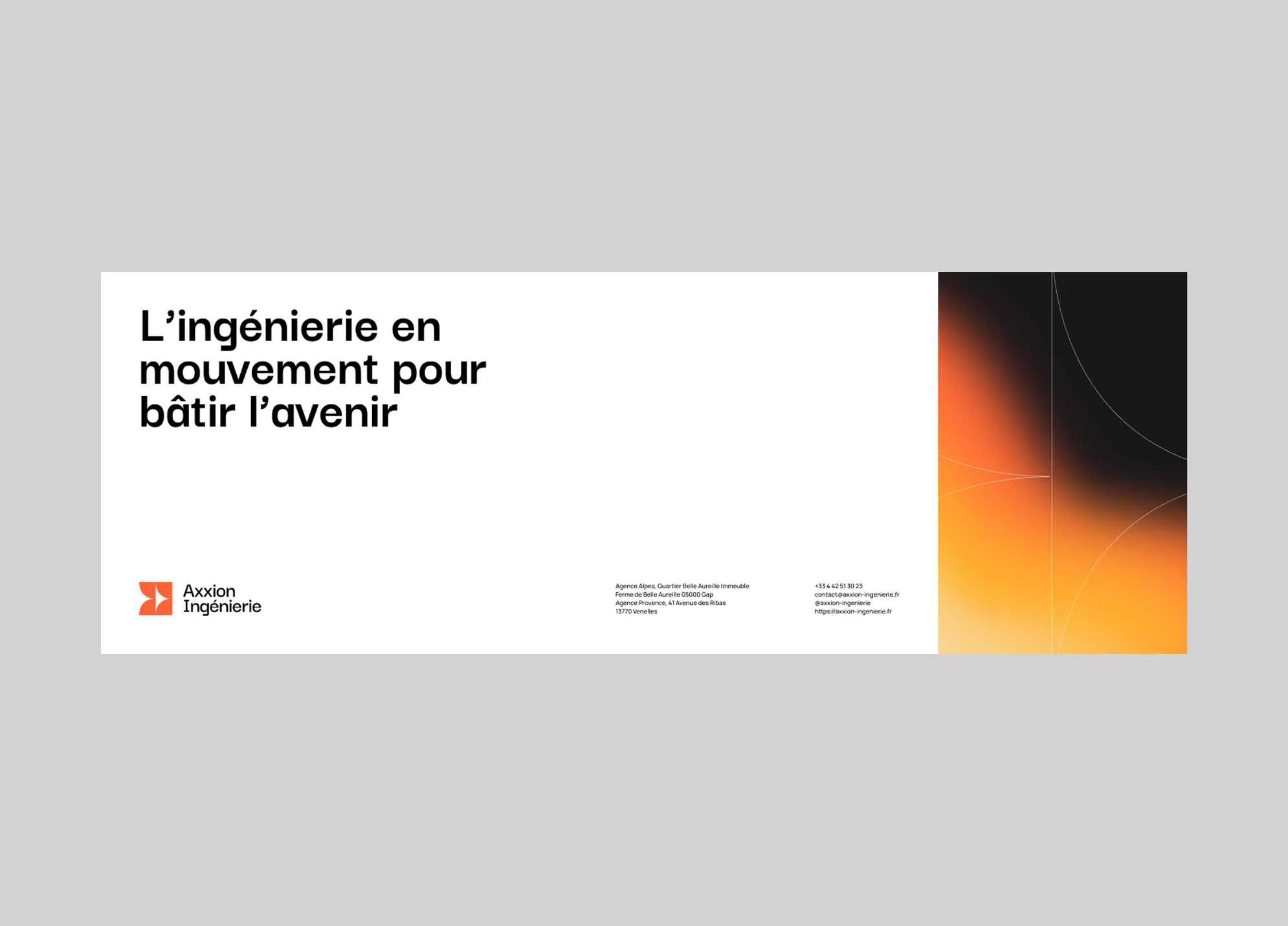 Une bannière « L’ingénierie en mouvement pour bâtir l’avenir » : texte noir sur blanc, dégradé orange et noir à droite.