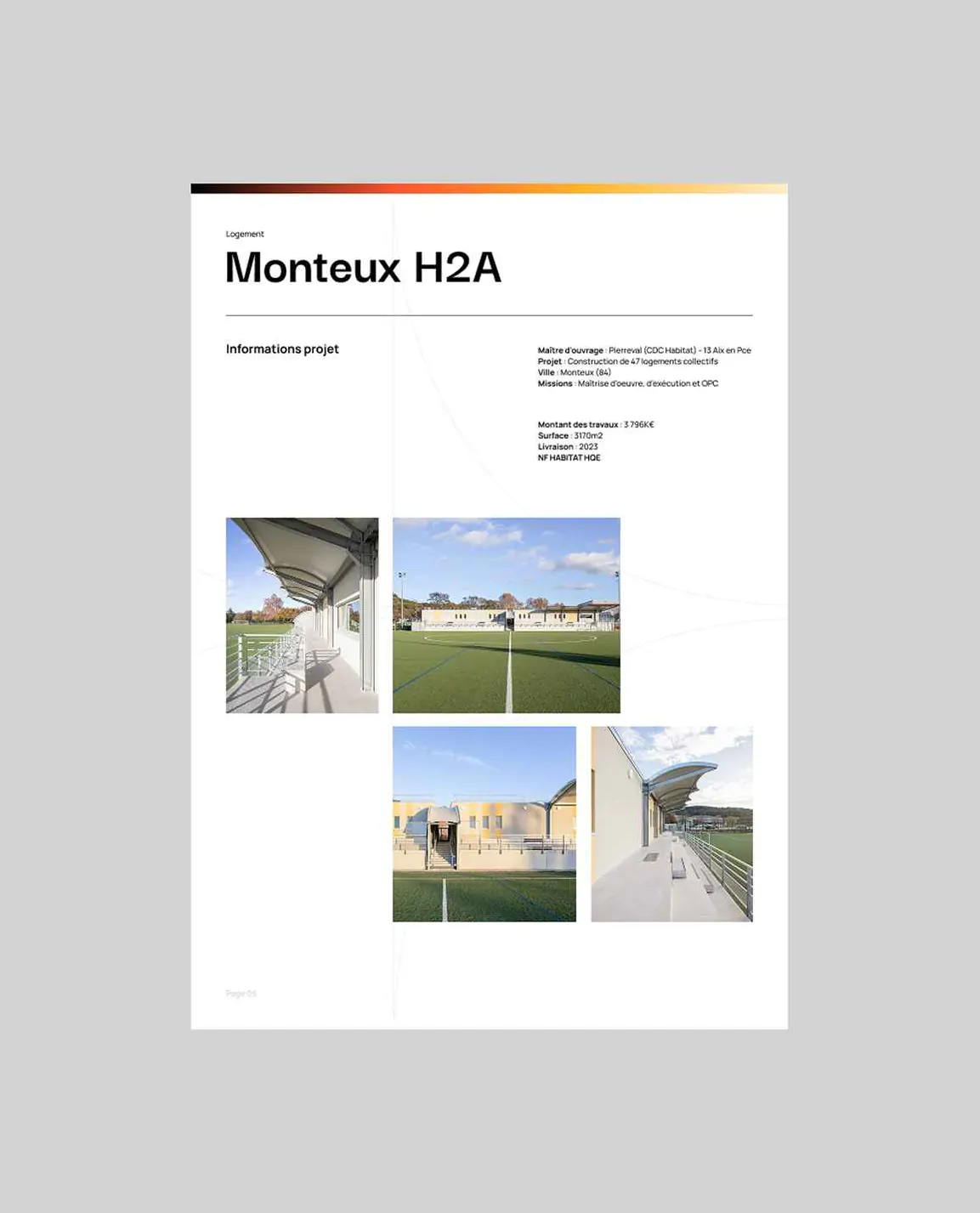 Une fiche de projet « Monteux H2A » : titre, informations et quatre photographies d’un stade.