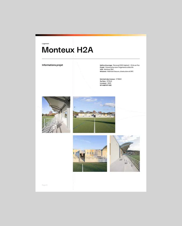 Une fiche de projet : titre, informations et quatre photographies.