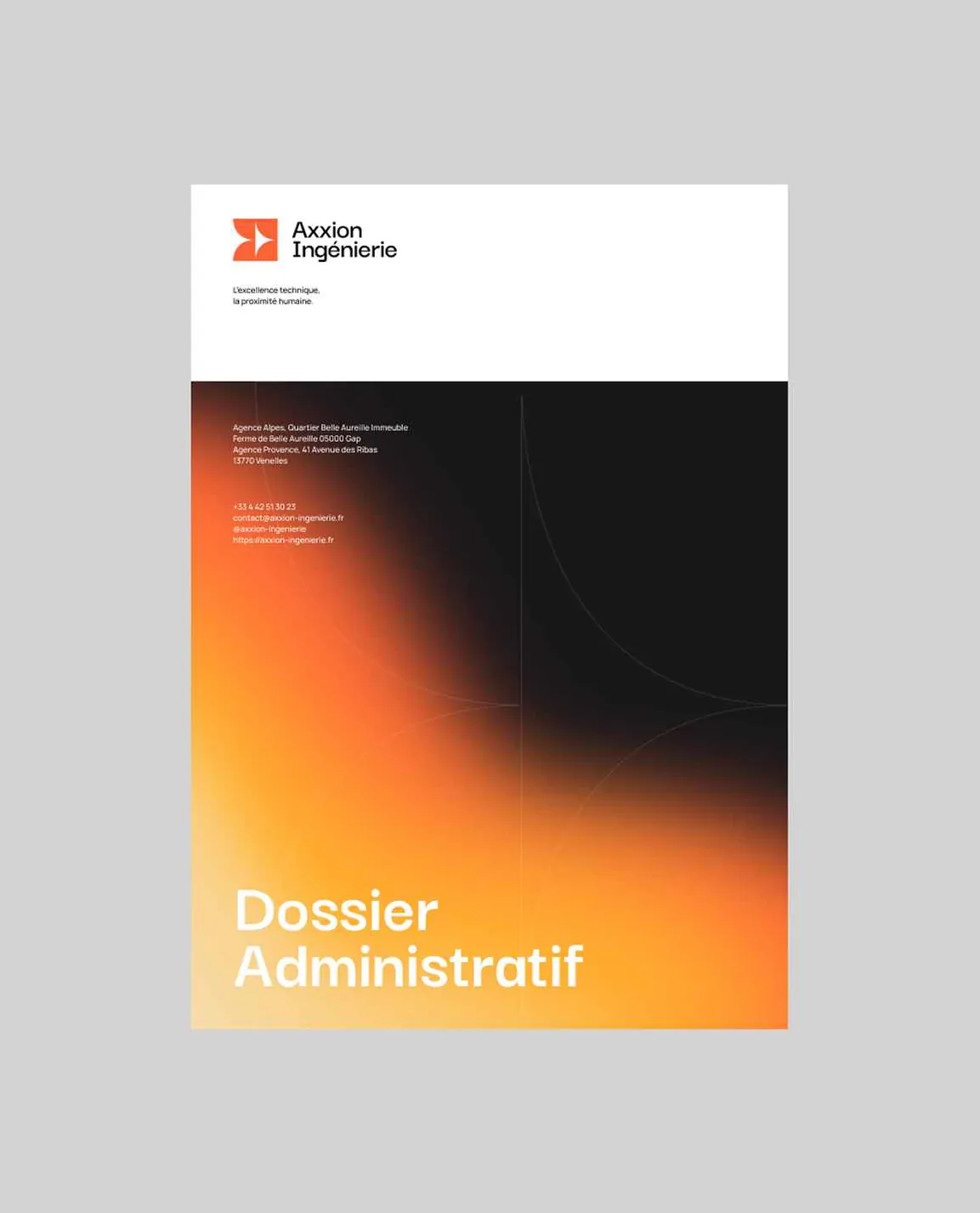 La couverture d’un dossier administratif, dégradé orange et noir, logo Axxion Ingénierie.