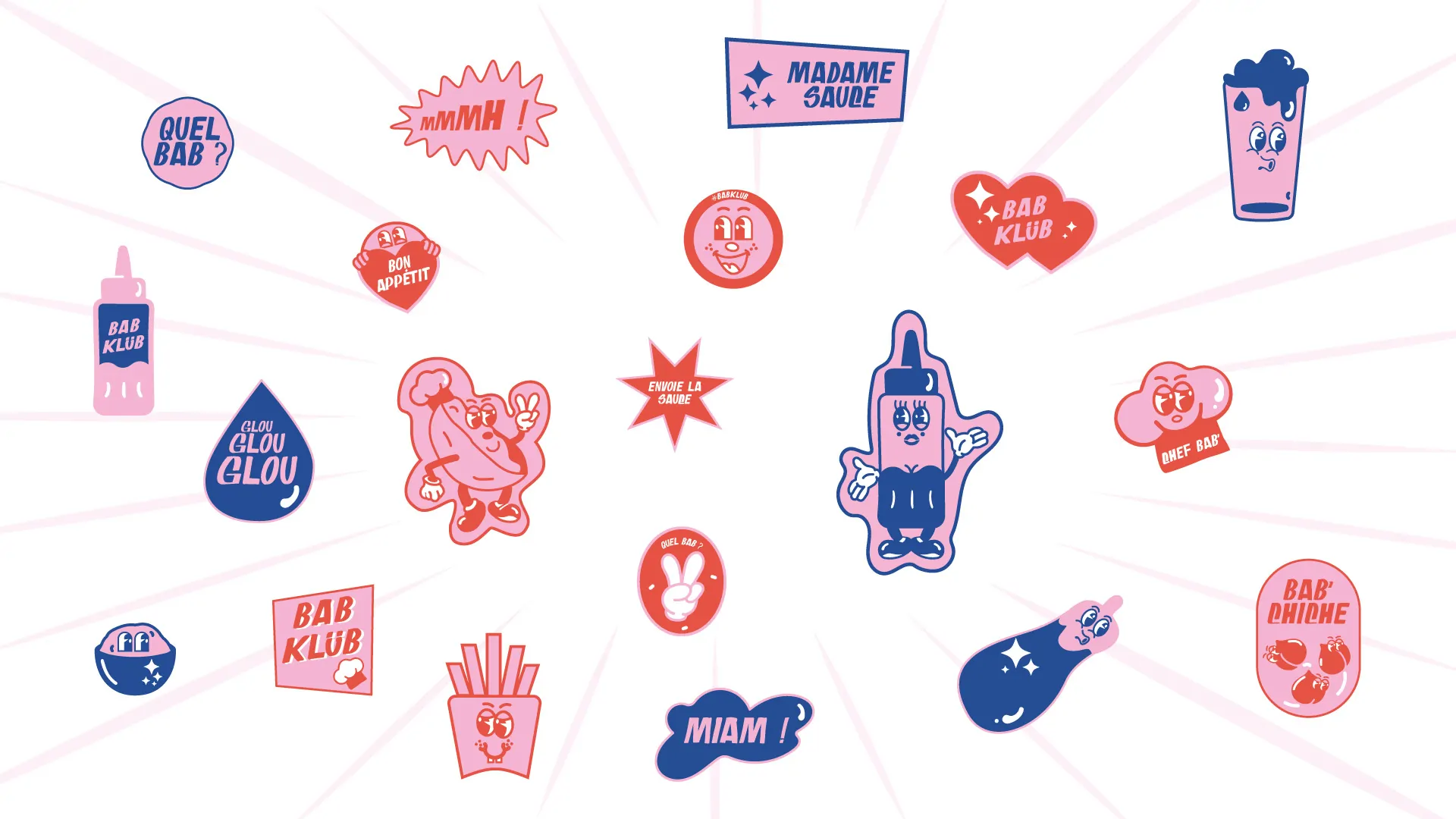 Une planche d’autocollants : mascottes, cœurs, bouteille de sauce, aubergine, frites et bulles « Miam » et « Madame Sauce », sur un fond sombre.