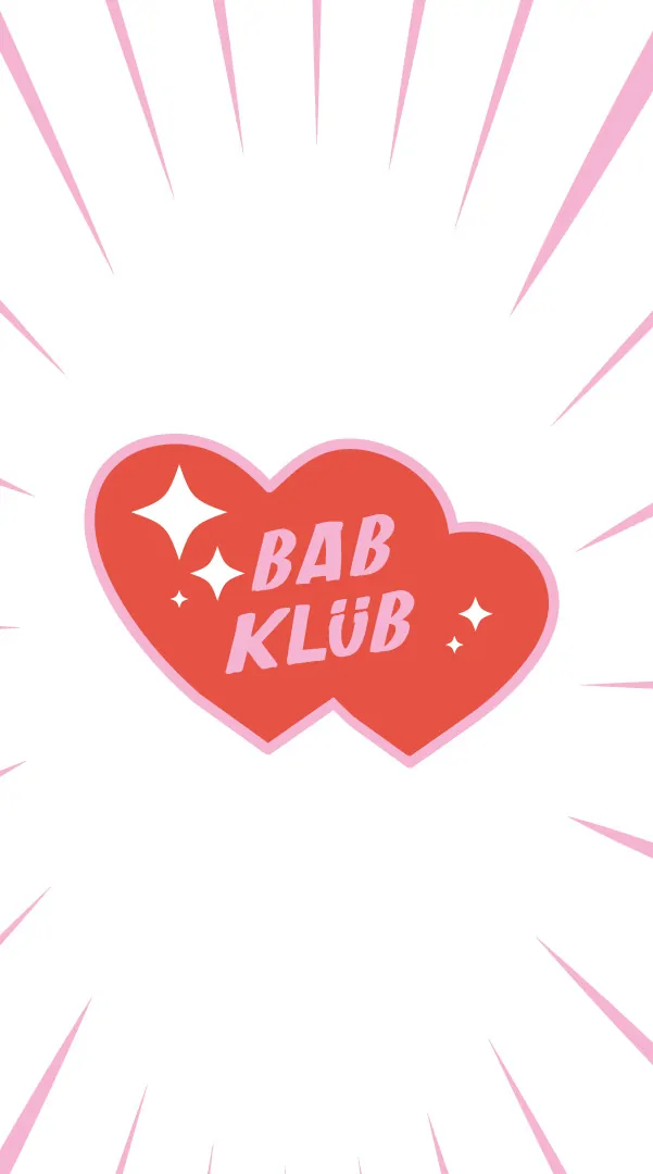 Deux cœurs rouges portant le logo « Bab Klüb », sur un fond noir à rayons roses.