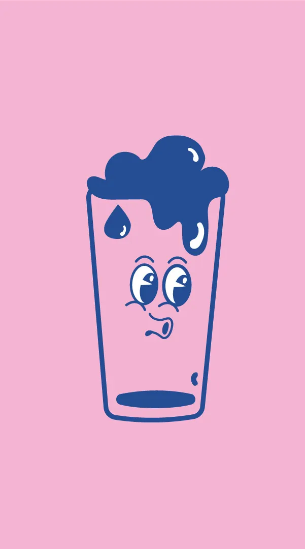 Un verre de boisson mousseuse dessiné avec des yeux, sur un fond rose.