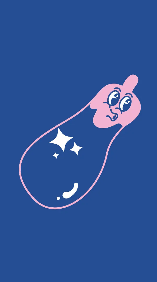 Une aubergine dessinée au trait, avec des étincelles, sur un fond bleu.