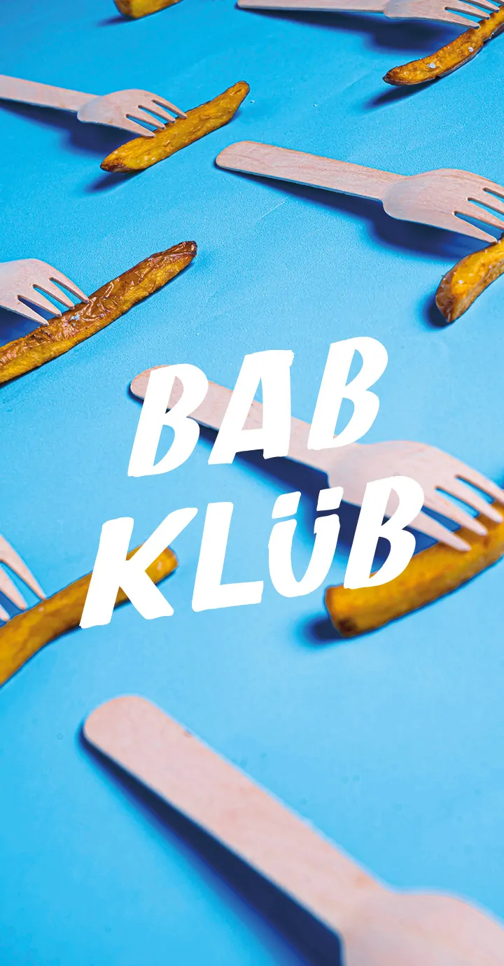 Une story : des frites et des fourchettes en bois sur un fond bleu, avec le logo « Bab Klüb ».
