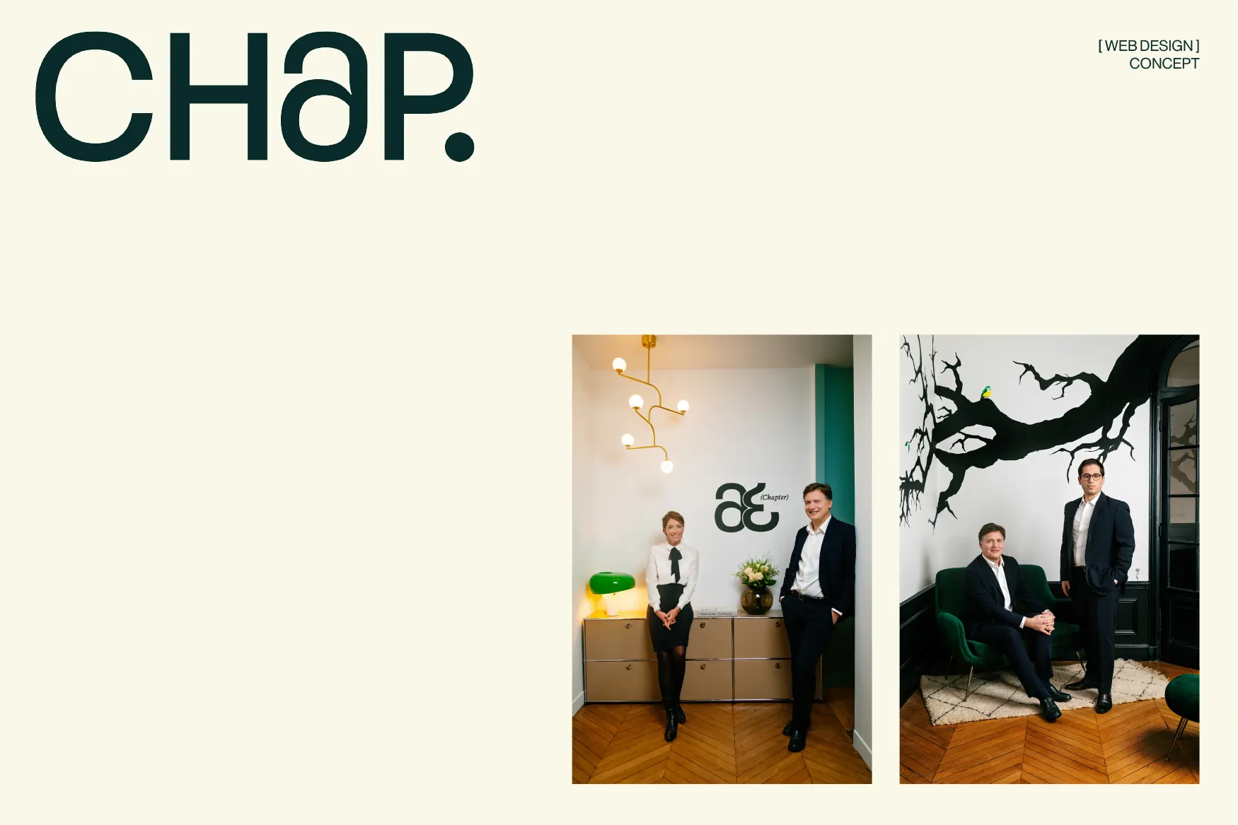 La signature « CHAP. » en grand sur fond crème, la mention « Web design concept » et deux photographies des avocats dans les bureaux.