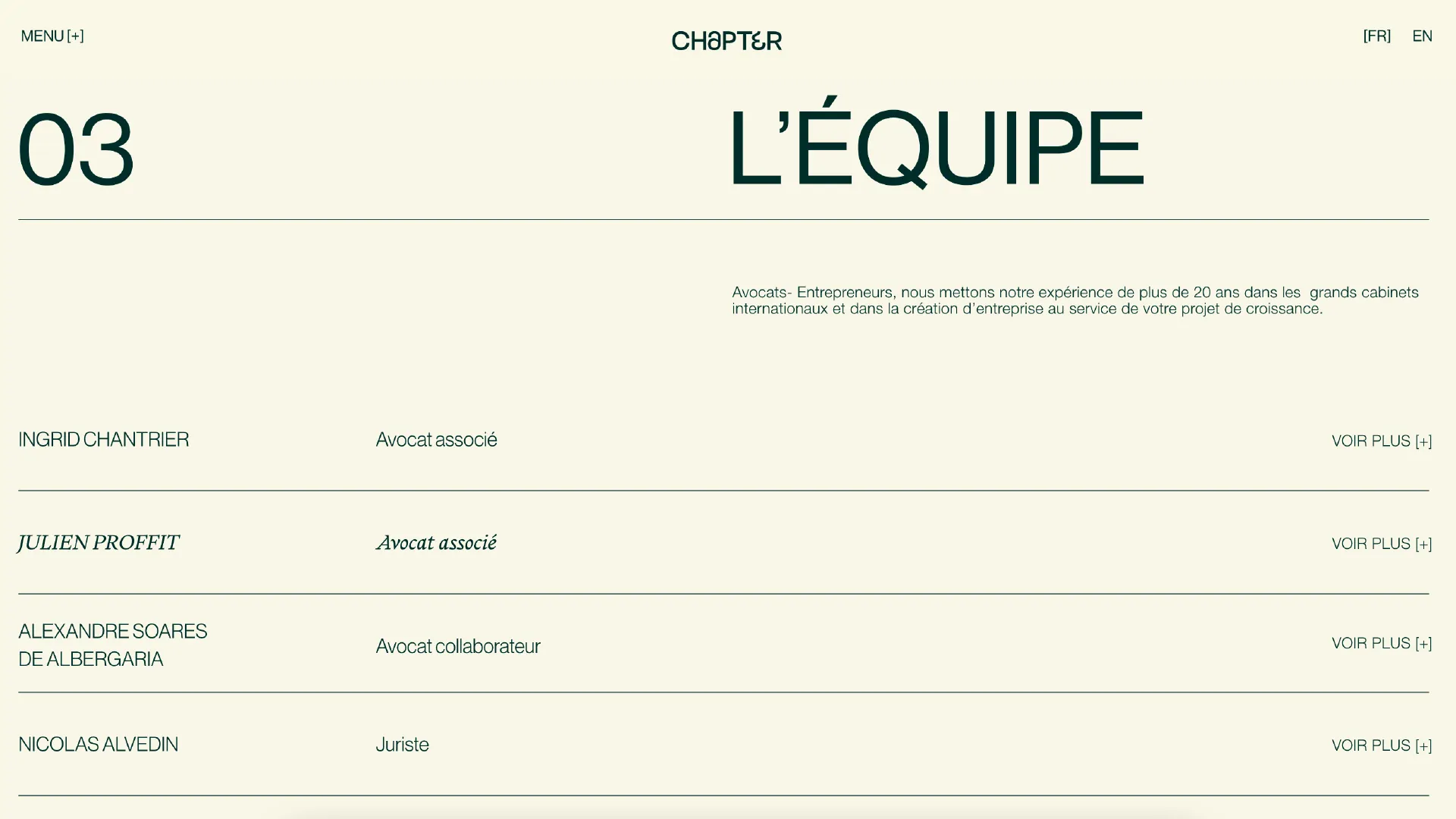 Maquette de la page « L’équipe » : le chiffre 03, une phrase de présentation et la liste des avocats, ligne à ligne.