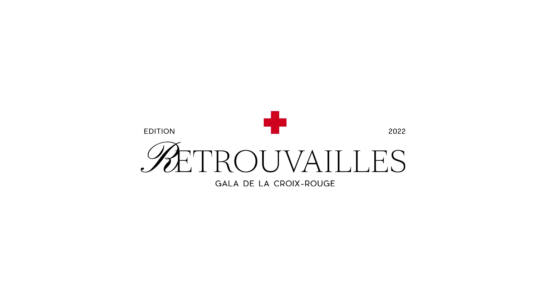 Le mot-symbole « Retrouvailles », sa lettre R ornée, une croix rouge et la mention « Gala de la Croix-Rouge », sur fond blanc.