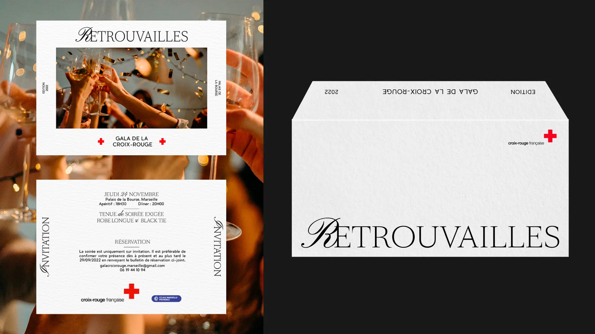 L’invitation, avec la photo des coupes de champagne et la mention du gala, et son enveloppe blanche portant « Retrouvailles ».