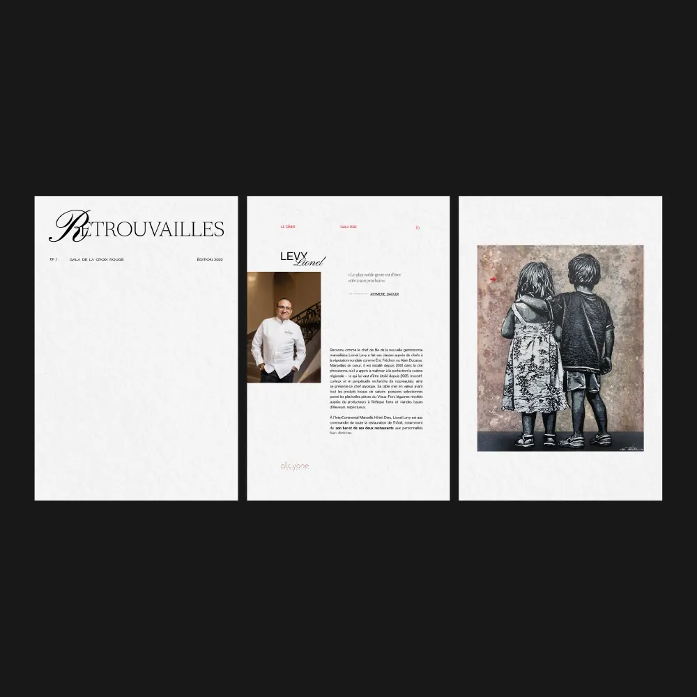 Trois pages du catalogue : le mot-symbole, la page d’un chef et une photographie en noir et blanc de deux enfants.