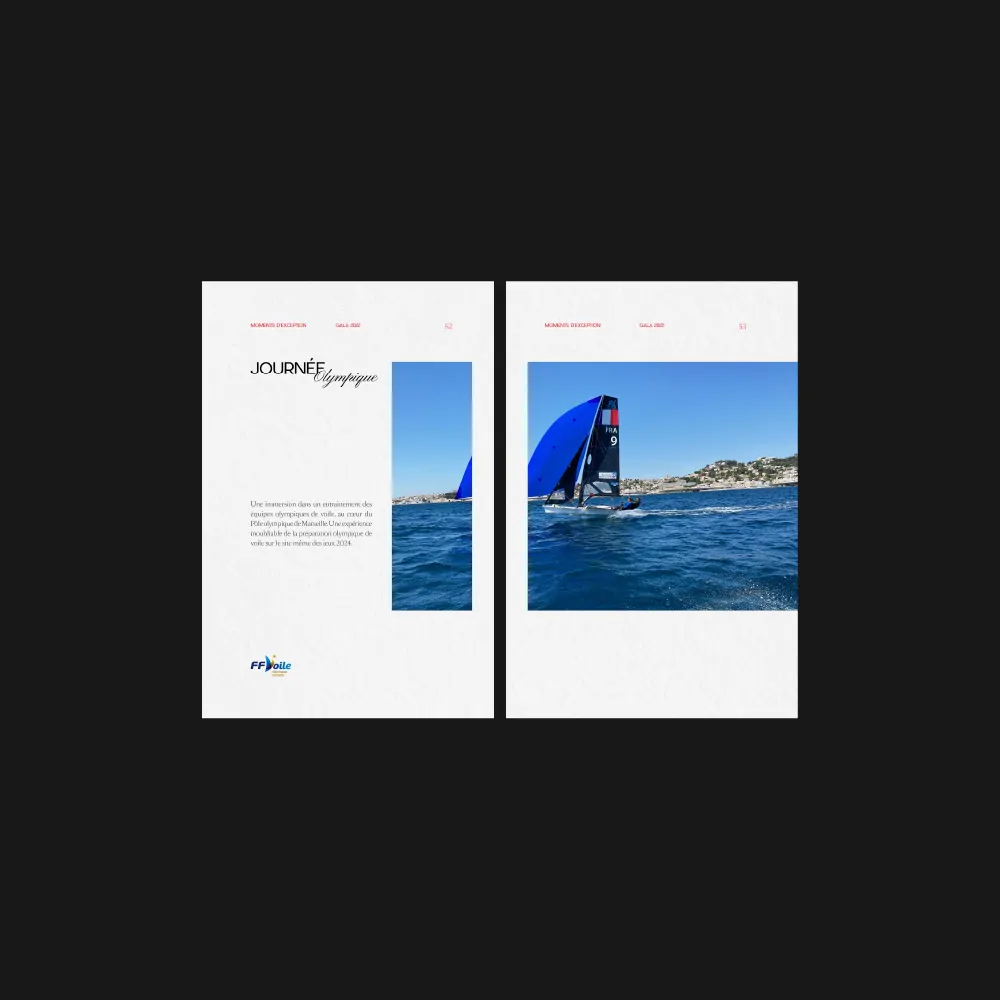 Une double page du catalogue consacrée à une journée de voile, avec une photographie d’un voilier devant la rade de Marseille.