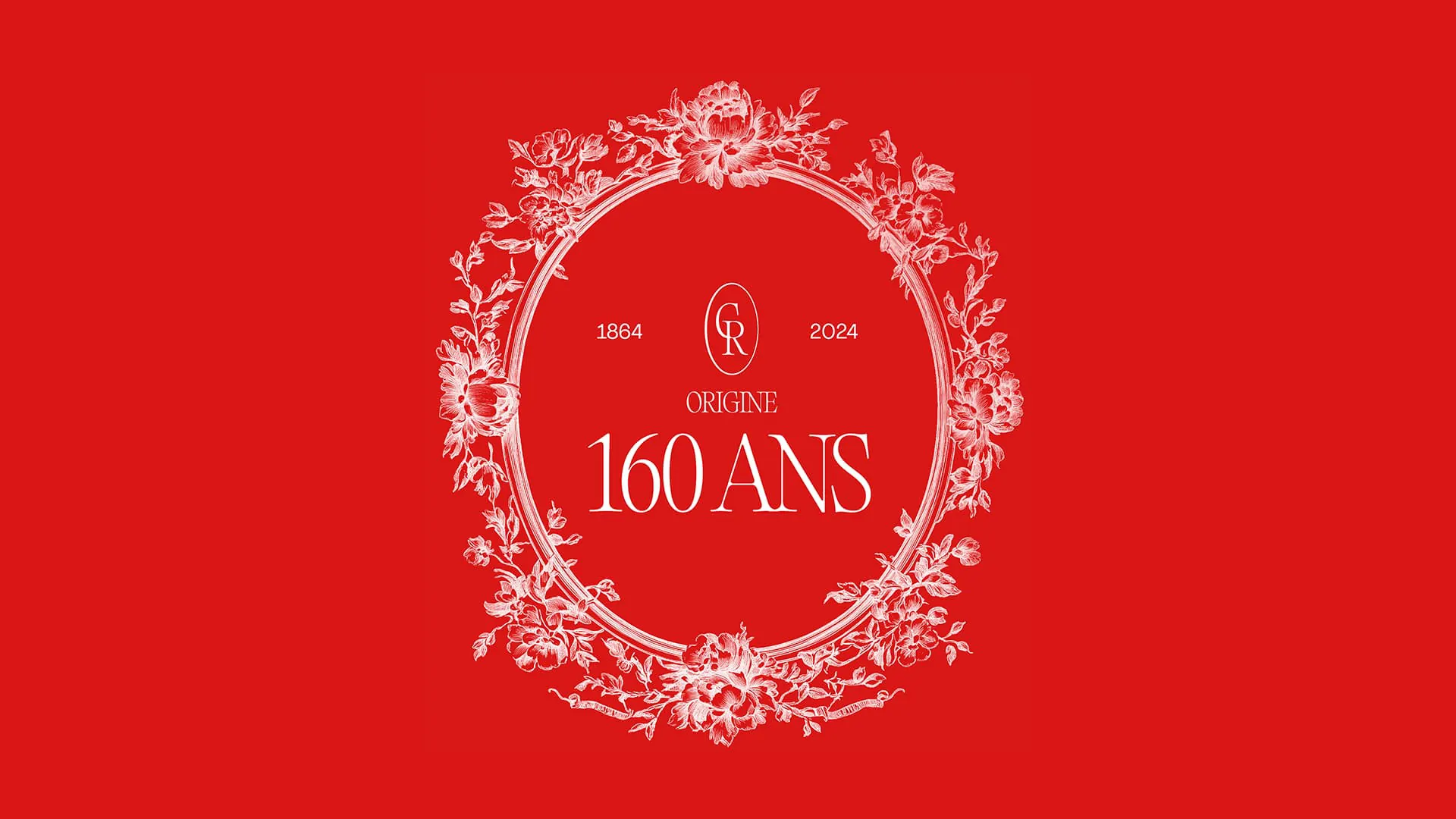 L’emblème du gala 2024 en blanc sur fond rouge : une couronne florale gravée autour du monogramme CR, les dates 1864 et 2024, les mots « Origine, 160 ans ».