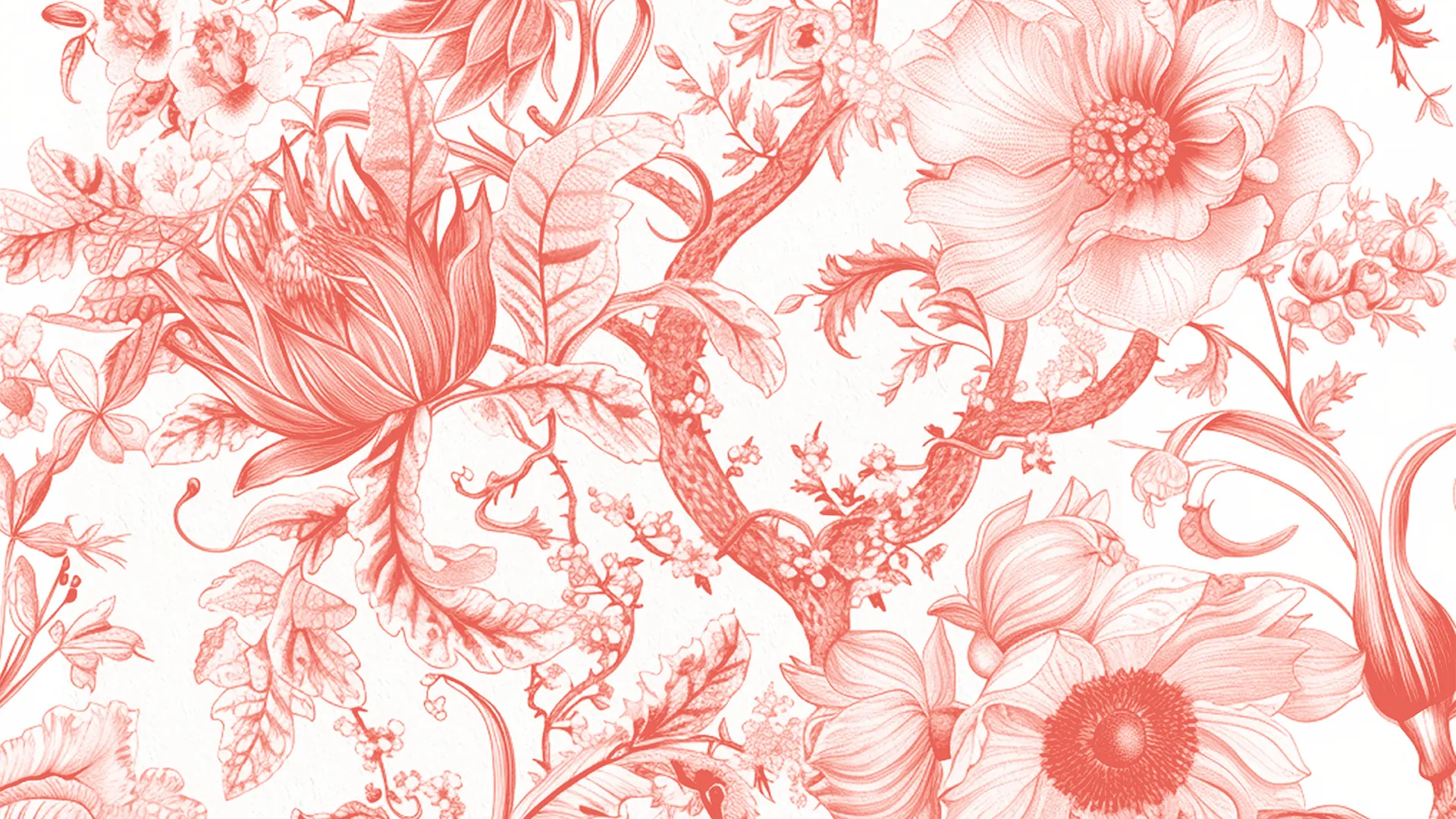 Le motif floral du gala : fleurs, feuillages et fruits gravés, en rouge sur fond blanc.