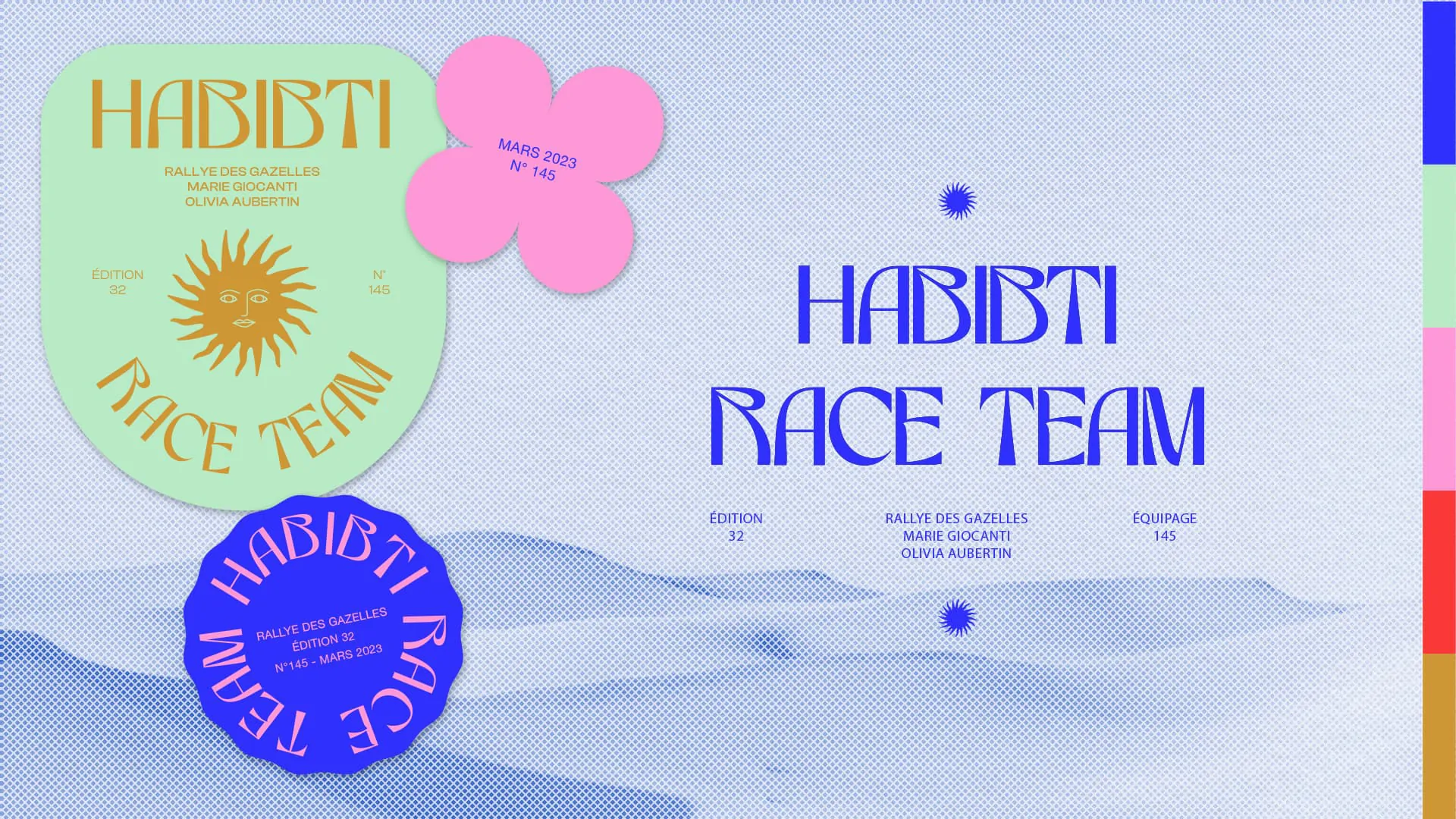 Le système d’identité Habibti Race Team : un badge vert menthe, des fleurs roses, un rond bleu et le logotype, sur fond de dunes.