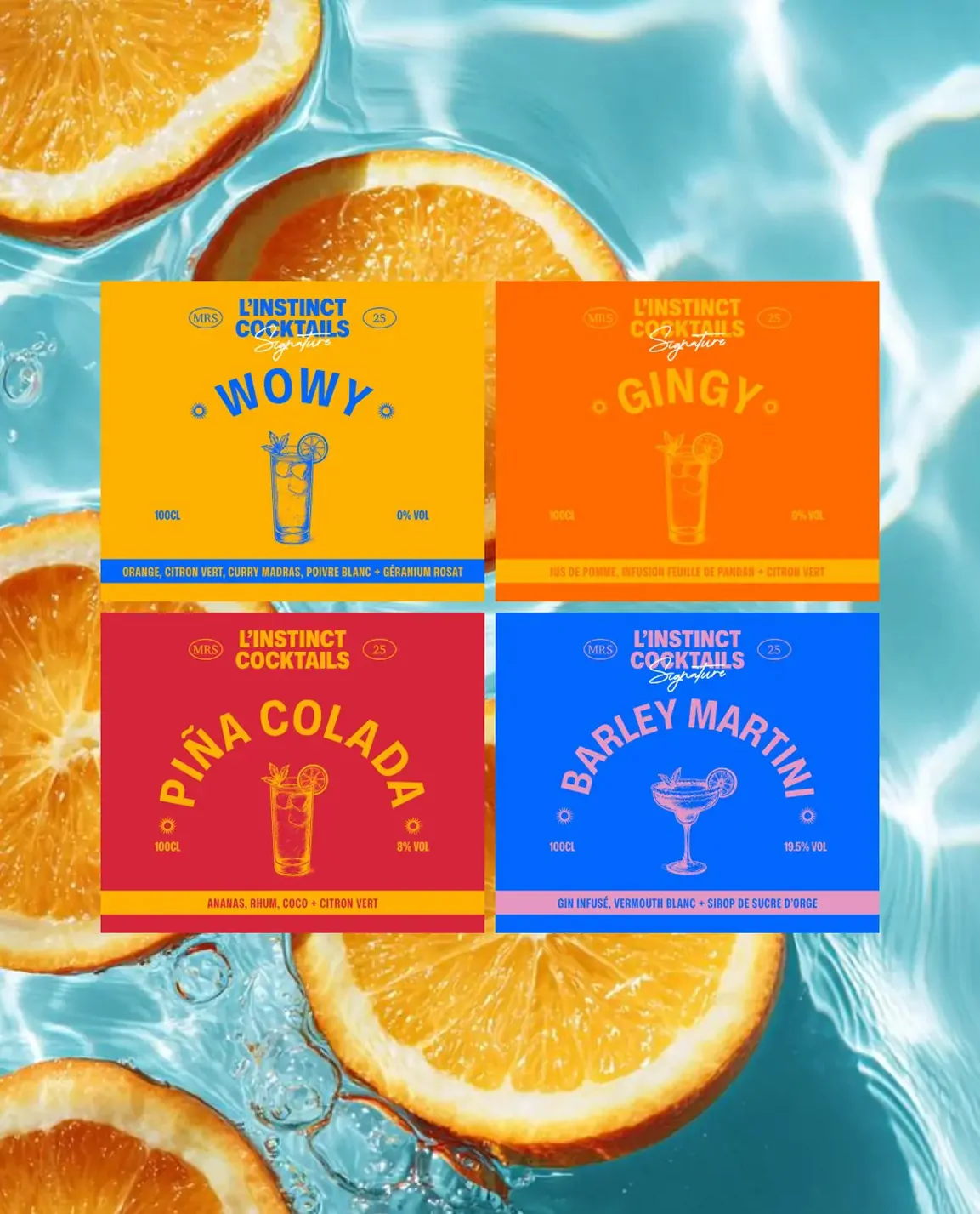 Quatre étiquettes de la gamme, Wowy, Gingy, Piña Colada et Barley Martini, en carrés de couleur sur une eau de piscine et des tranches d’orange.
