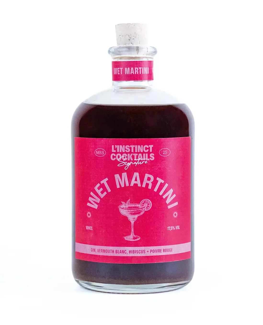 La bouteille Wet Martini, étiquette rose sur un liquide sombre, sur fond blanc.