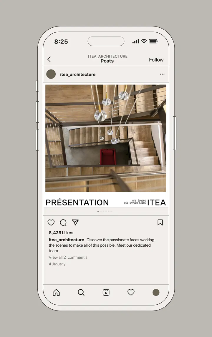 Un téléphone affichant le post Instagram « Présentation » d’ITEA : une cage d’escalier vue d’en haut.