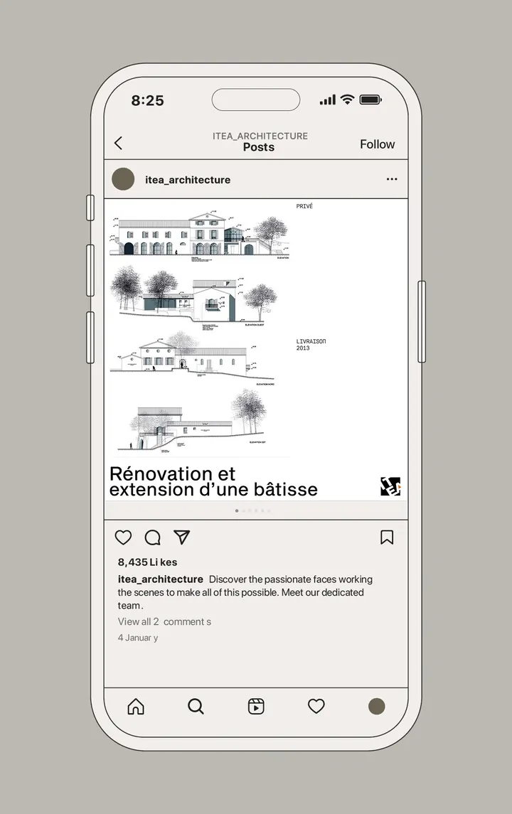 Un téléphone affichant le post « Rénovation et extension d’une bâtisse » : des plans et des élévations dessinés.