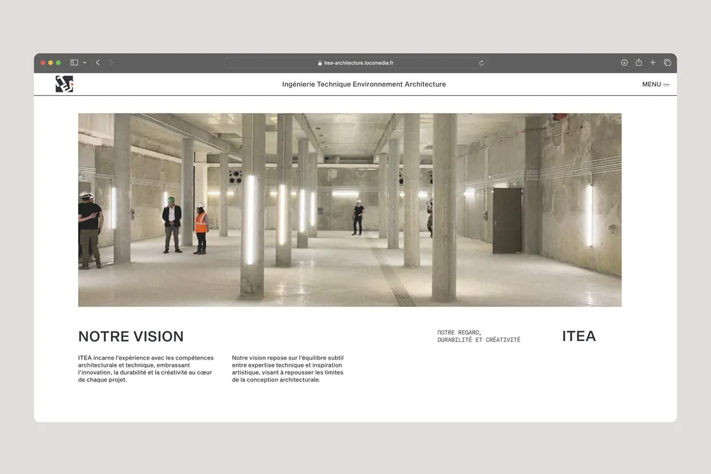Le site d’ITEA dans un navigateur : la page « Notre vision », avec la photo d’un grand hall de béton.