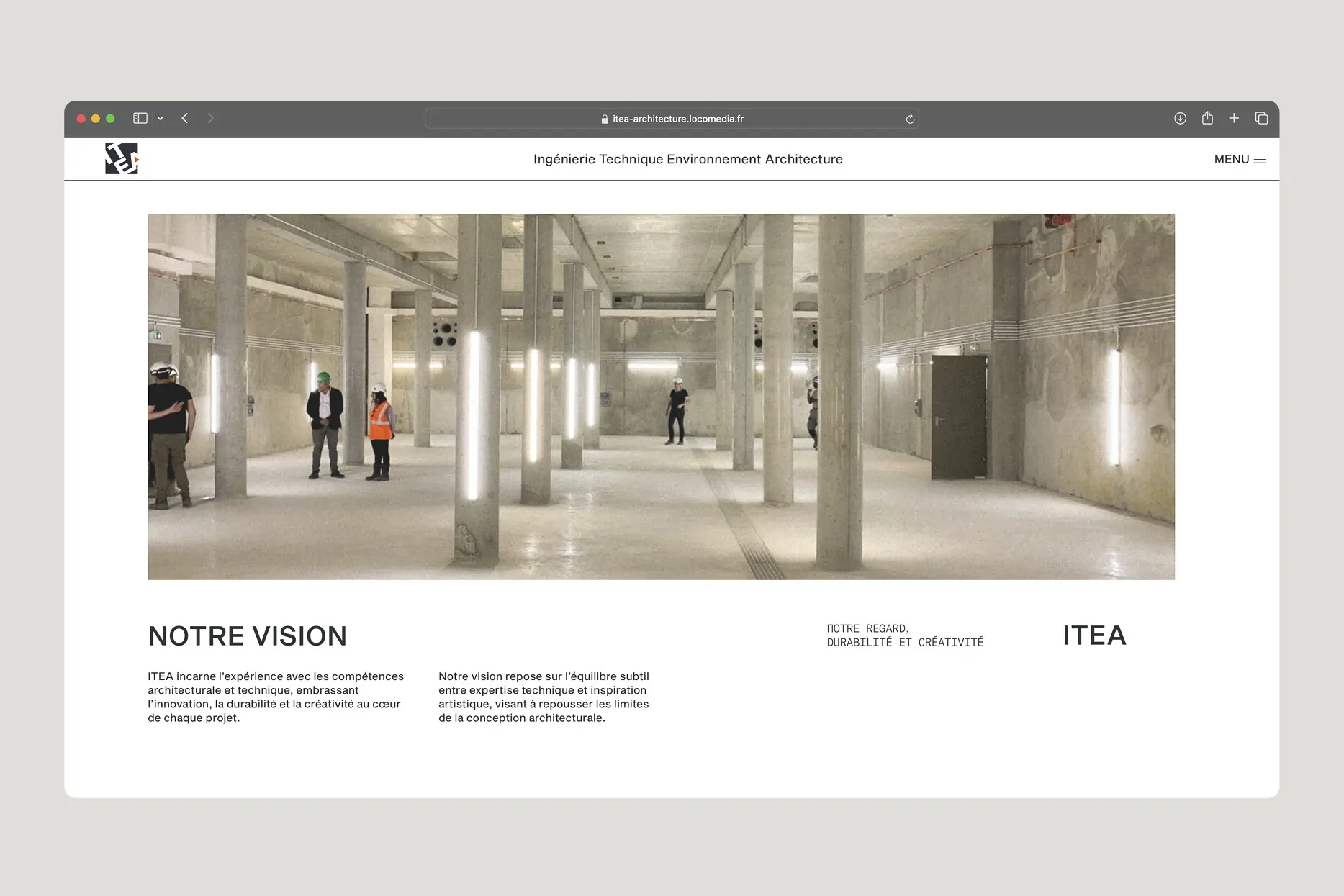 Le site d’ITEA dans un navigateur : la page « Notre vision », avec la photo d’un grand hall de béton.