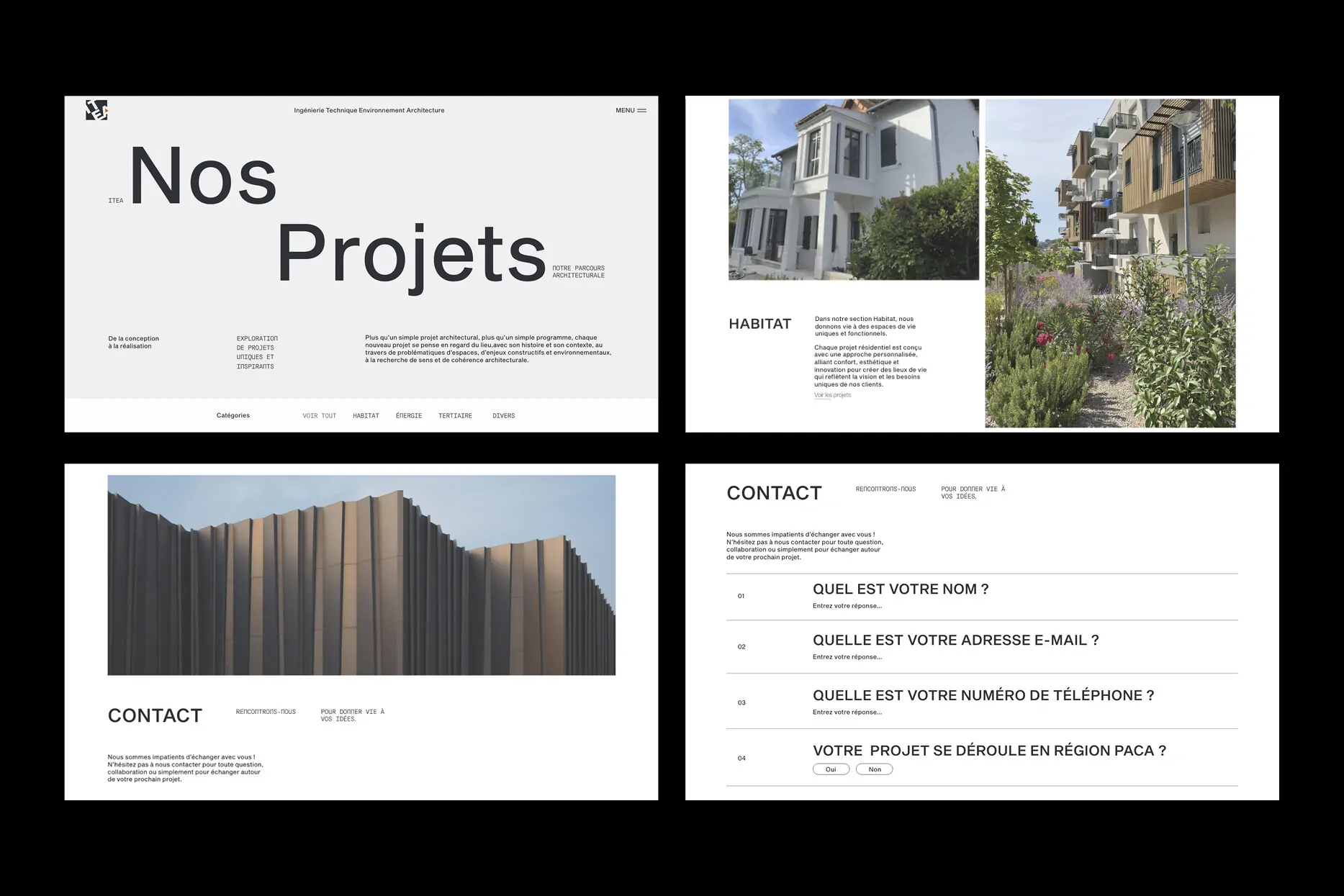 Les pages « Nos projets » et « Contact » du site d’ITEA, sur fond noir.