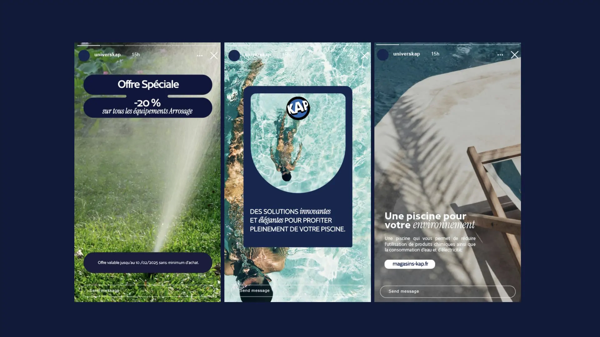 Trois stories Instagram de KAP by Univerpool sur fond bleu nuit : une offre spéciale arrosage, une nageuse, une piscine pour votre environnement.