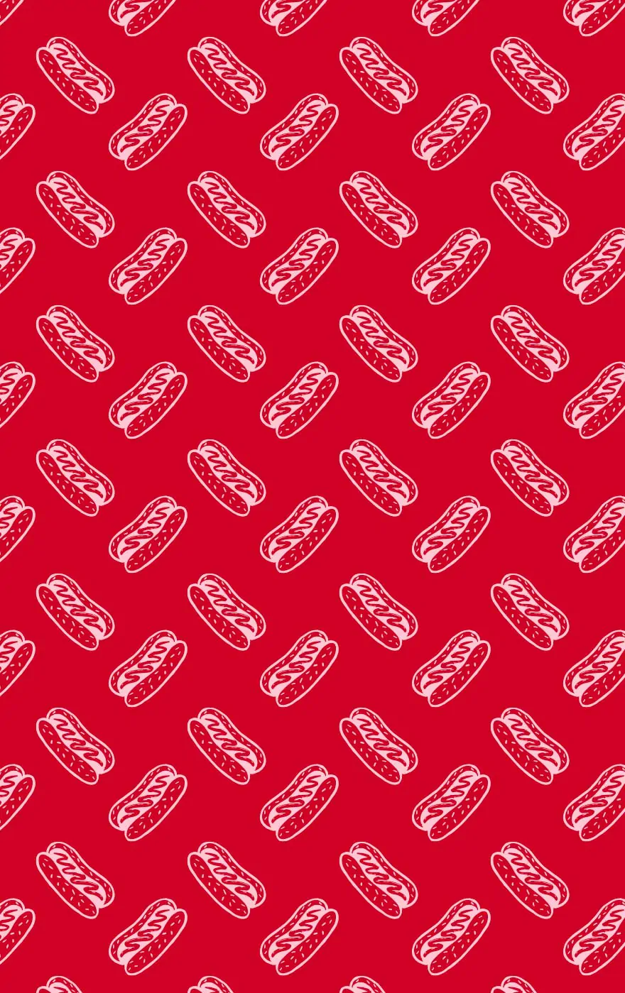 Un motif de sandwichs dessinés, blancs sur fond rouge.