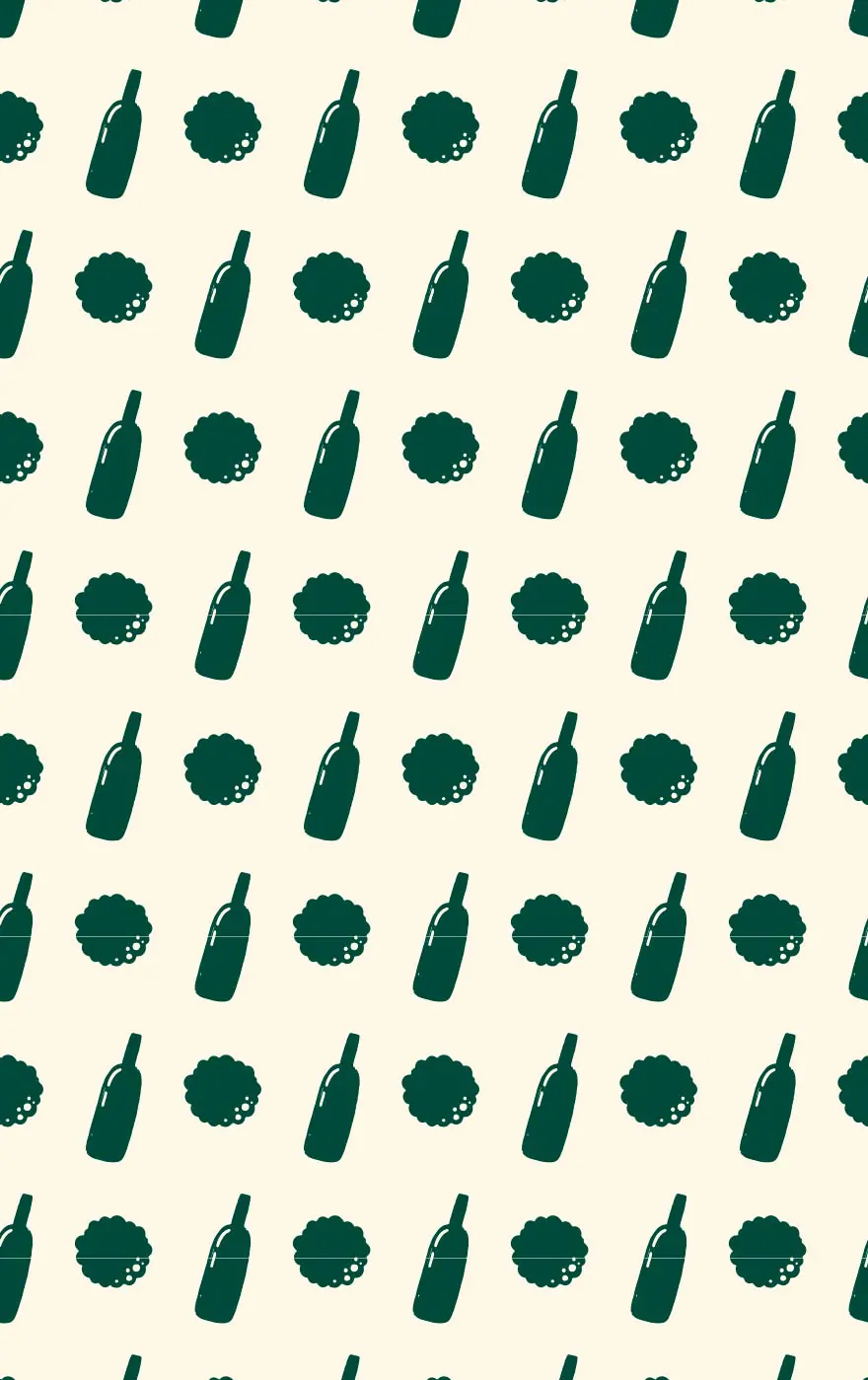 Un motif de bouteilles et de truffes vertes sur fond crème.