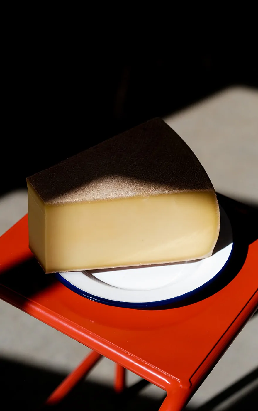 Un morceau de fromage sur une assiette émaillée posée sur une table rouge, dans une lumière contrastée.