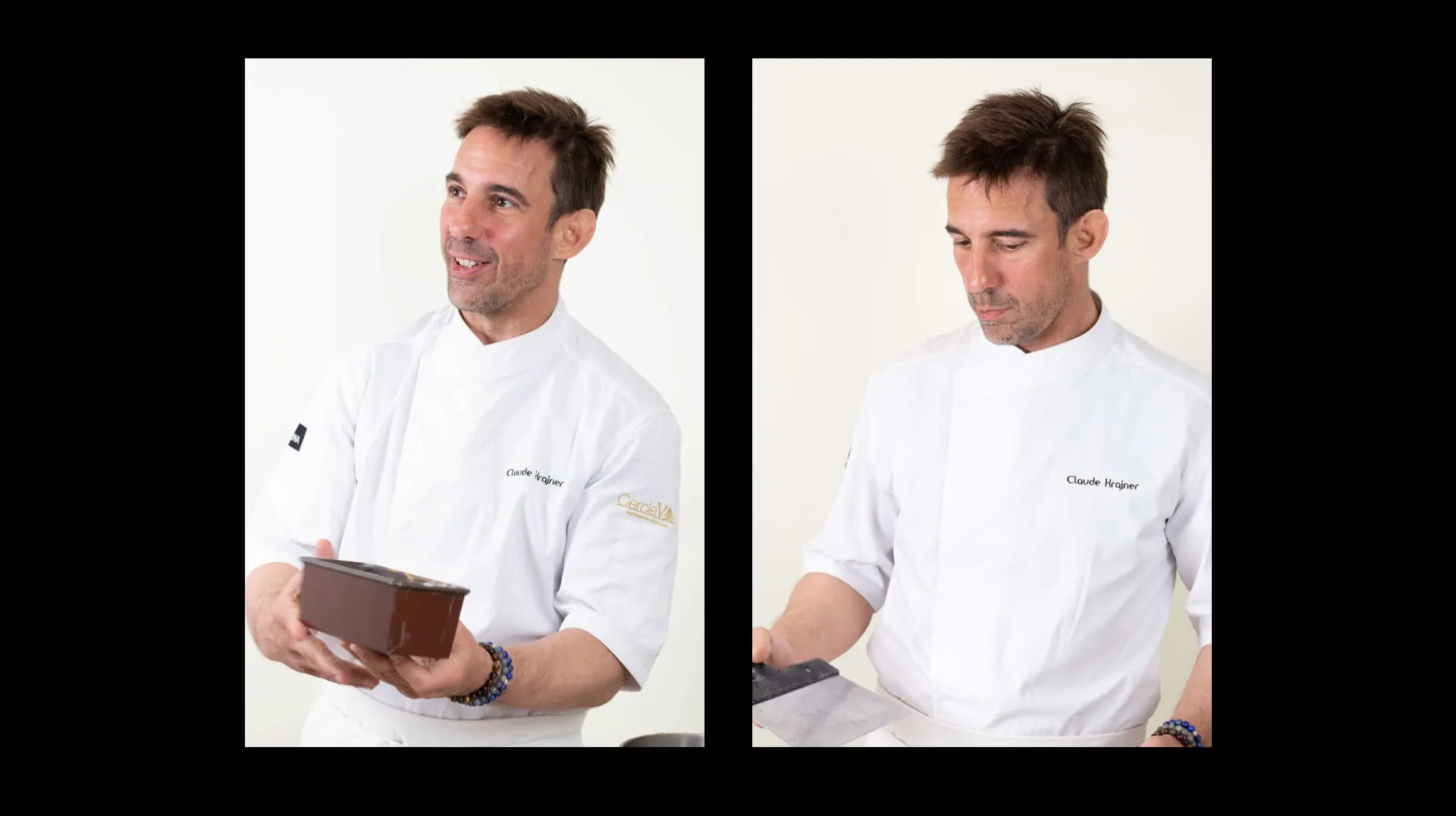 Deux portraits du chocolatier en veste blanche, sur fond blanc : l’un tient un moule de chocolat, l’autre regarde ses mains.