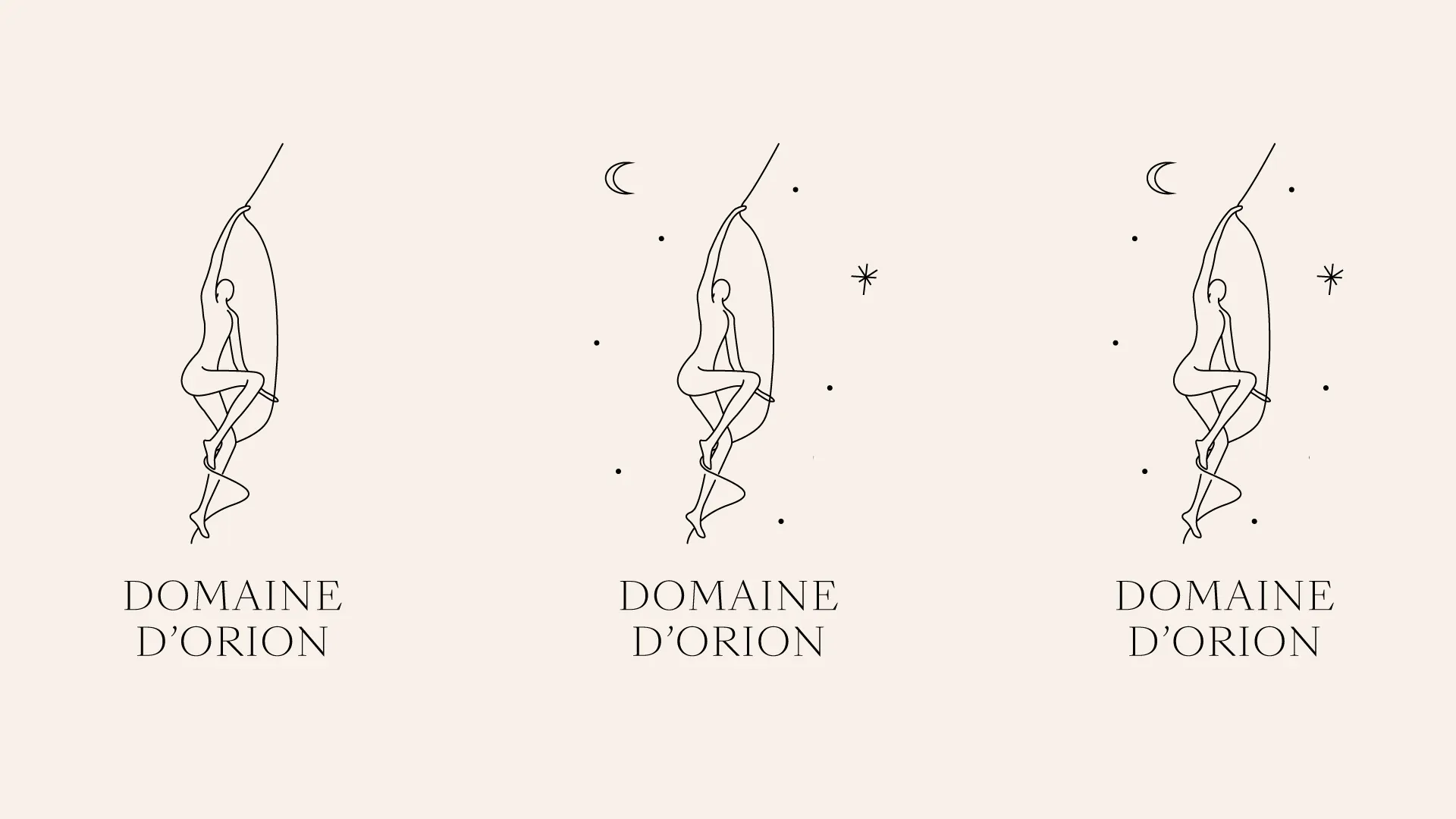 Trois variantes du logo au trait, avec la lune et des étoiles, sur un fond crème.