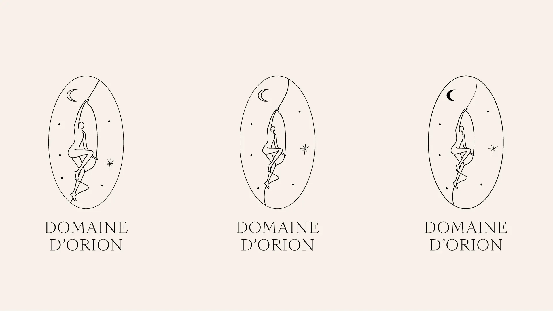 Trois variantes du logo dans un cartouche ovale, avec la lune et des étoiles.