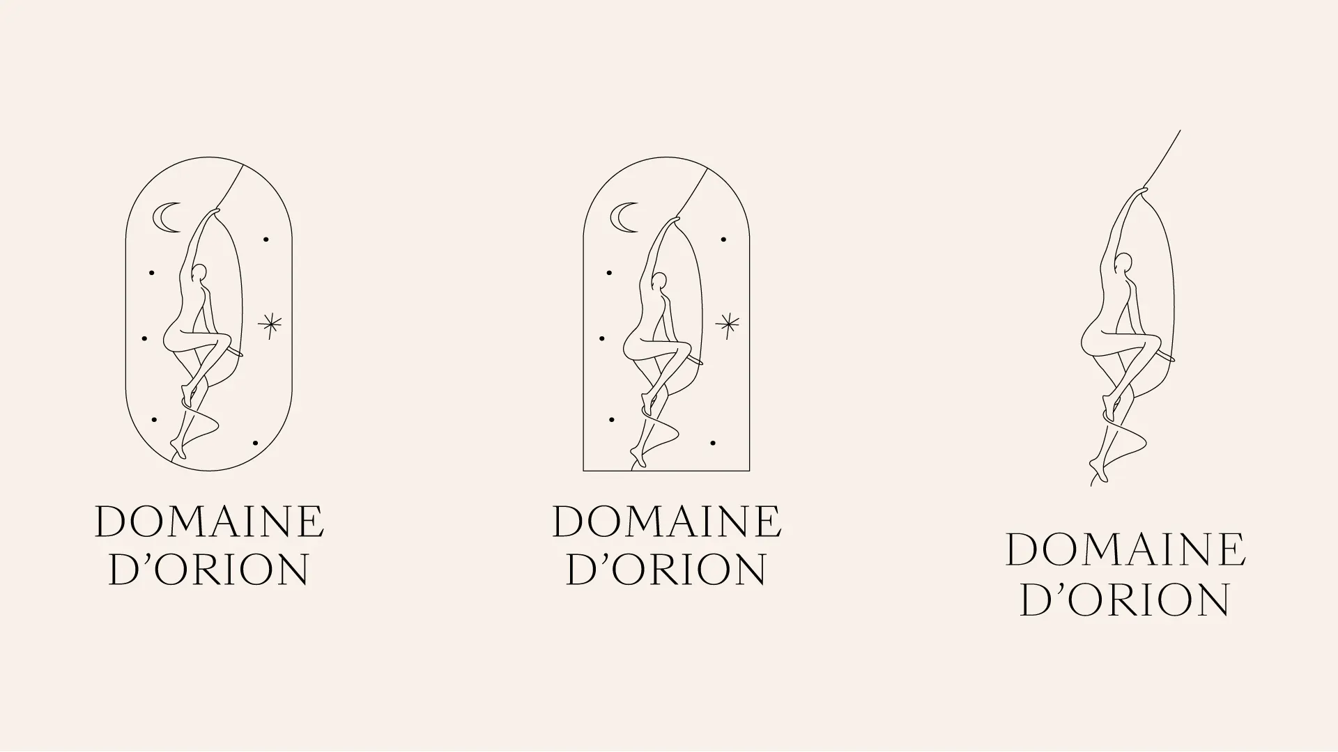 Trois variantes du logo, avec ou sans cartouche en arche, et le nom « Domaine d’Orion ».