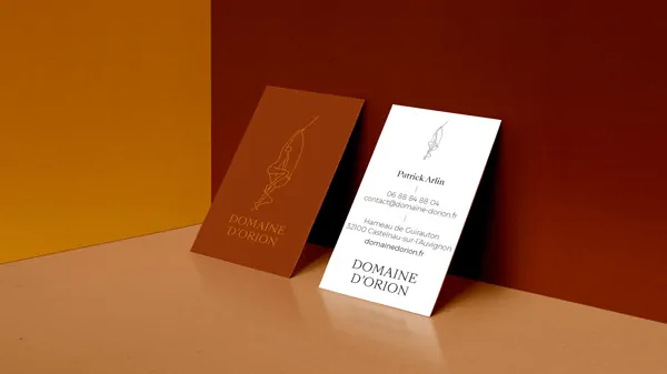 Des cartes de visite ocre et blanche posées contre un mur ocre.