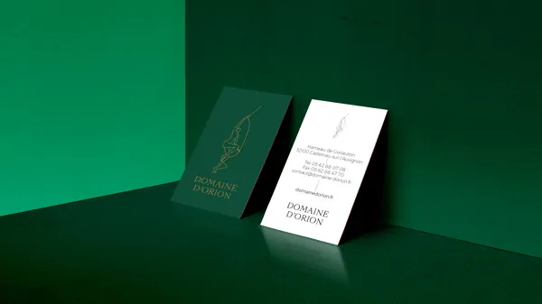 Des cartes de visite verte et blanche posées contre un mur vert.