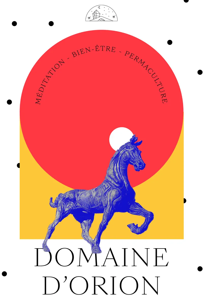 Une affiche colorée : un cheval bleu devant un disque rouge sur un fond jaune, et le nom « Domaine d’Orion ».