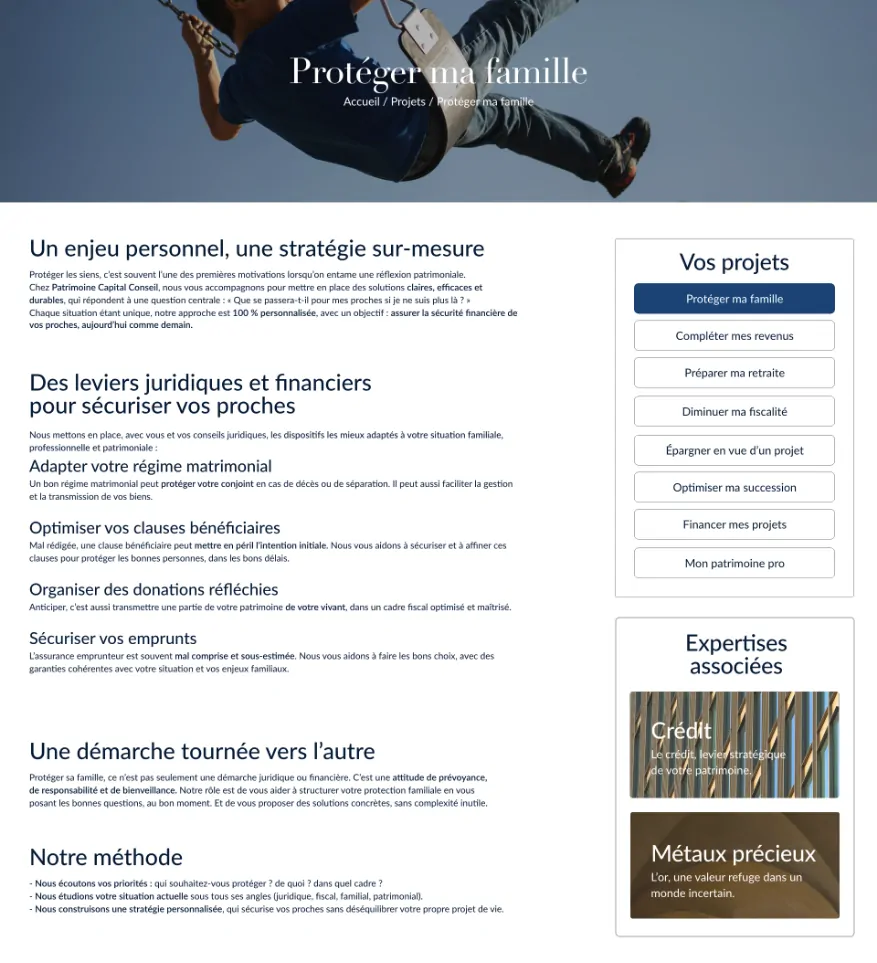 La page « Protéger ma famille » du site de PCC : un enfant sur une balançoire, le texte de la démarche et la liste des projets.