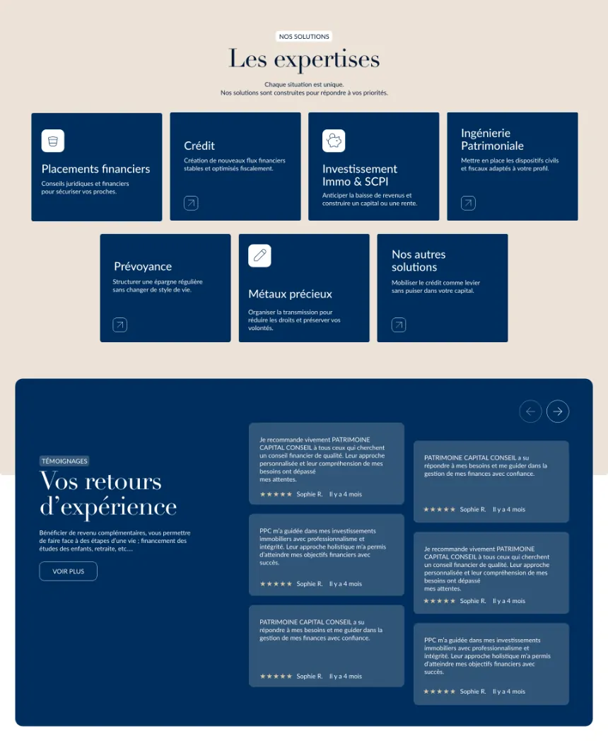 La page « Les expertises » du site de PCC : des tuiles bleu nuit sur fond beige, puis les témoignages de clients.
