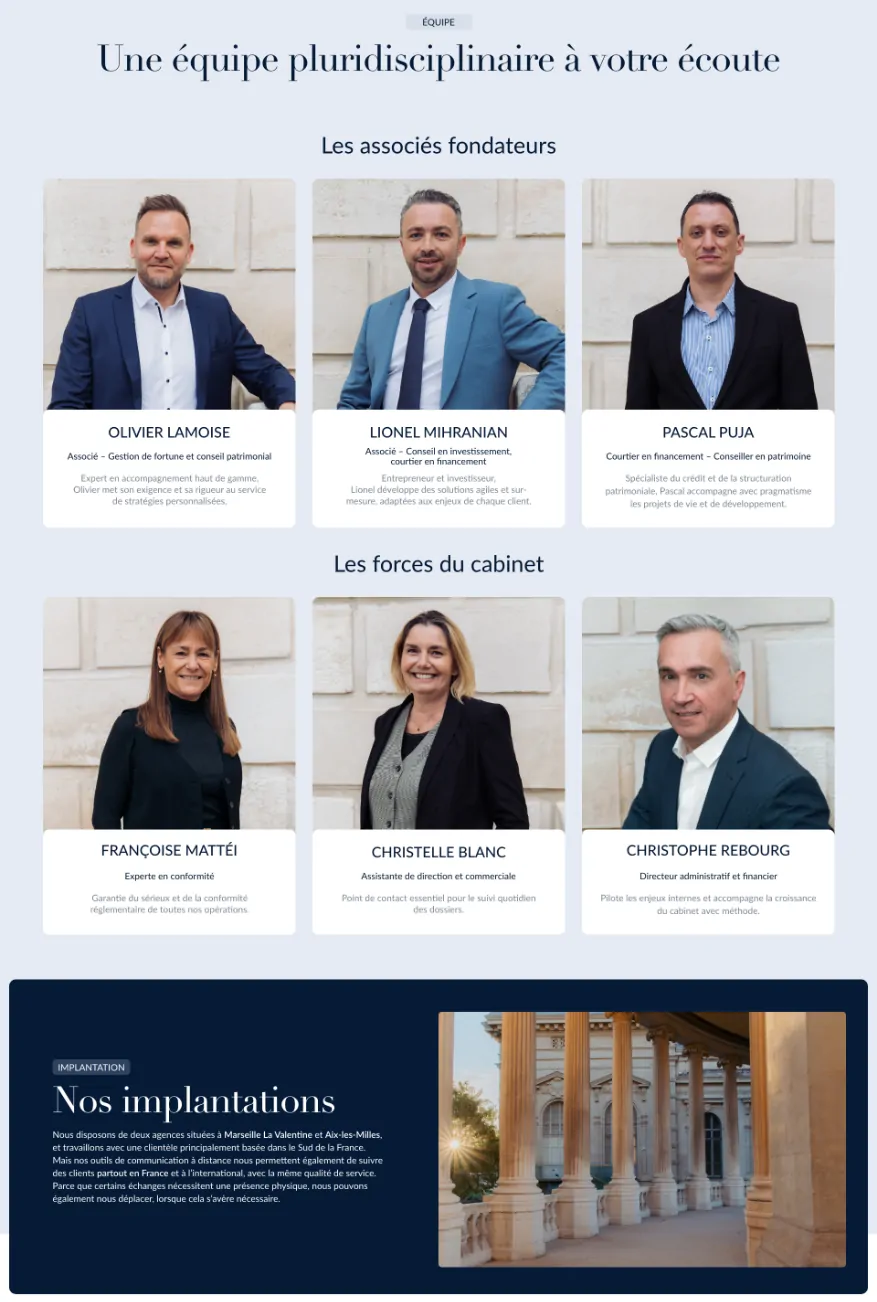 La page « L’équipe » du site de PCC : les associés fondateurs et les forces du cabinet en portraits, puis les implantations.