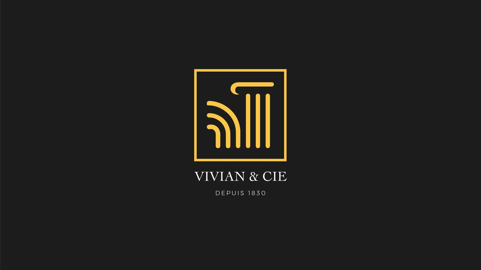 Le logo « Vivian & Cie, depuis 1830 » : un chapiteau et des colonnes dans un carré doré, en jaune sur fond noir.