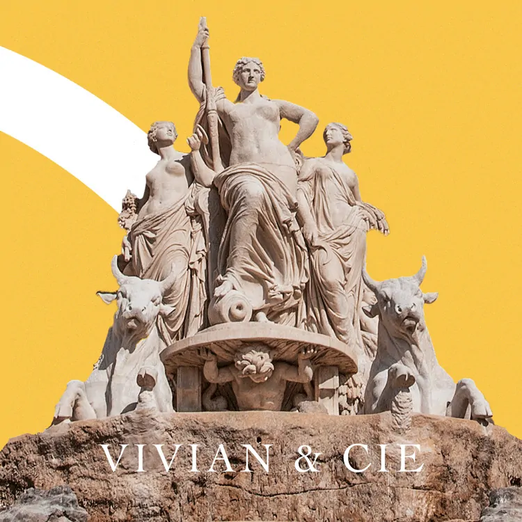 Un groupe sculpté de pierre rose sur un fond jaune, le nom « Vivian & Cie » en bas.